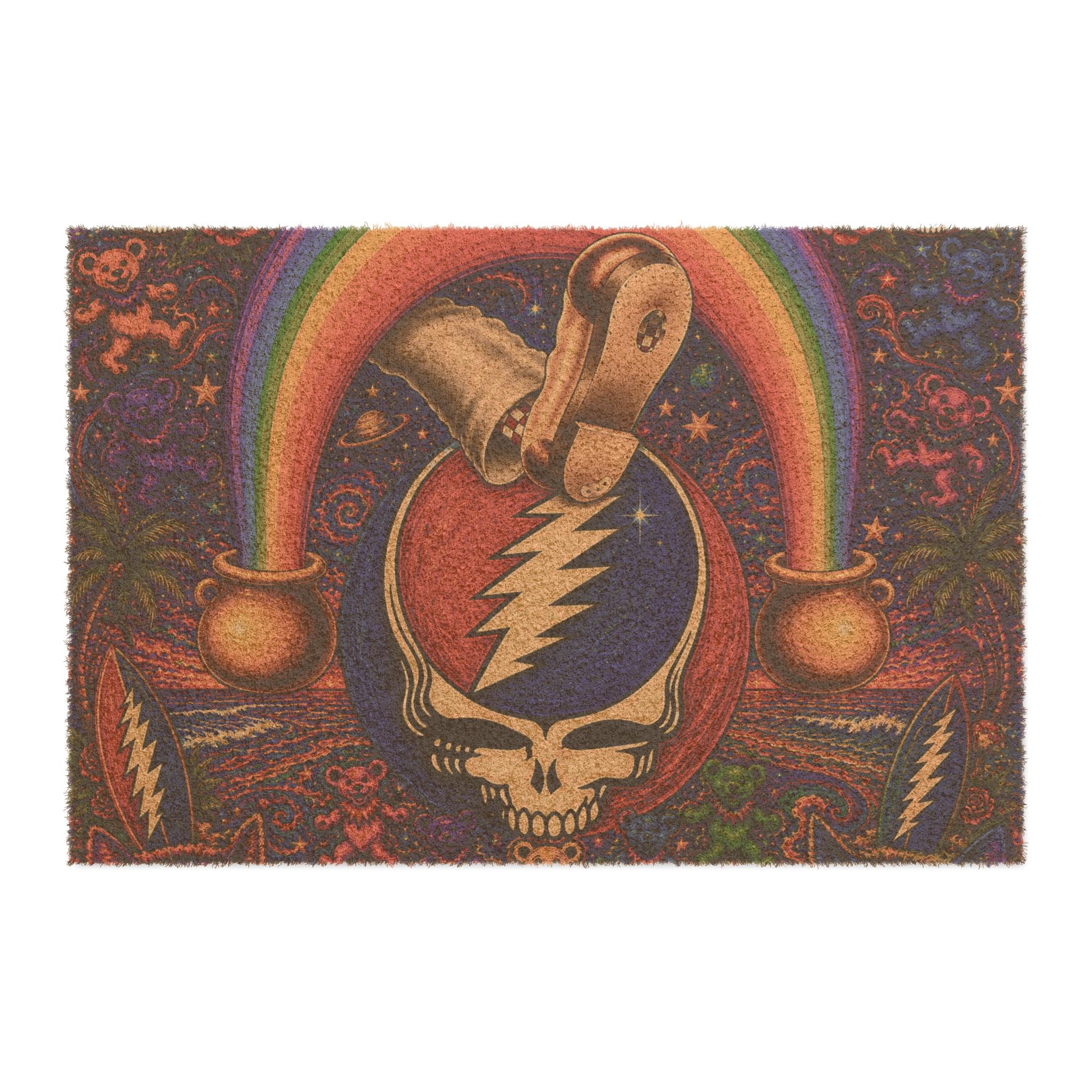 Grateful Dead Steal Your Face Skull Rainbow Doormat | Psychedelic Pot of Gold Welcome Mat