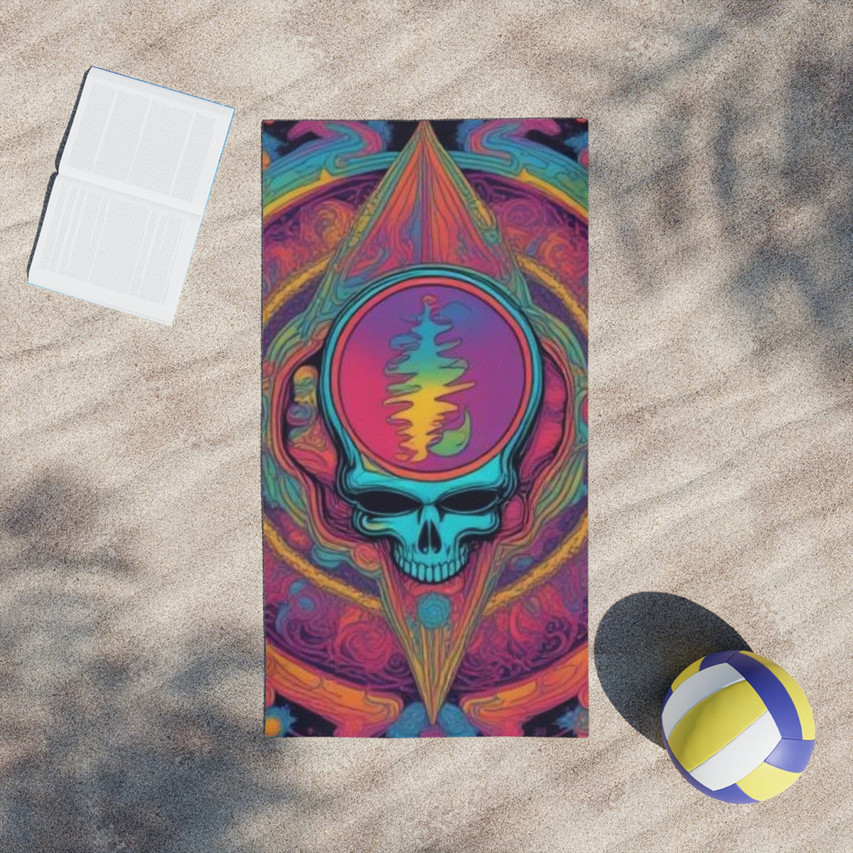 Psychedelic Skull Waveform Beach Towel | Rainbow Trippy Skull Grateful dead
