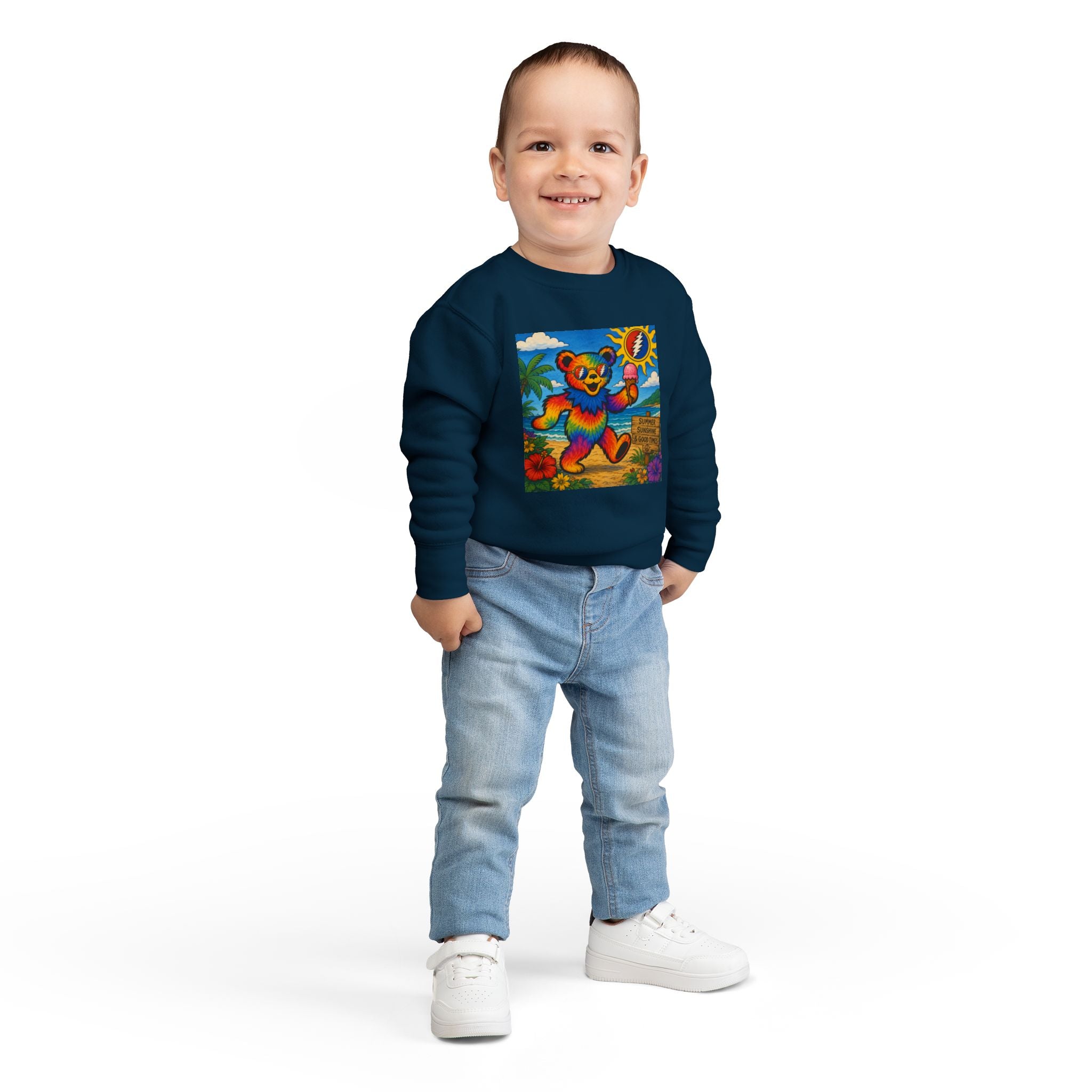 Dancing Tie-Dye Bear Toddler Sweatshirt | Surfboard Beach Grateful Dead Vibe
