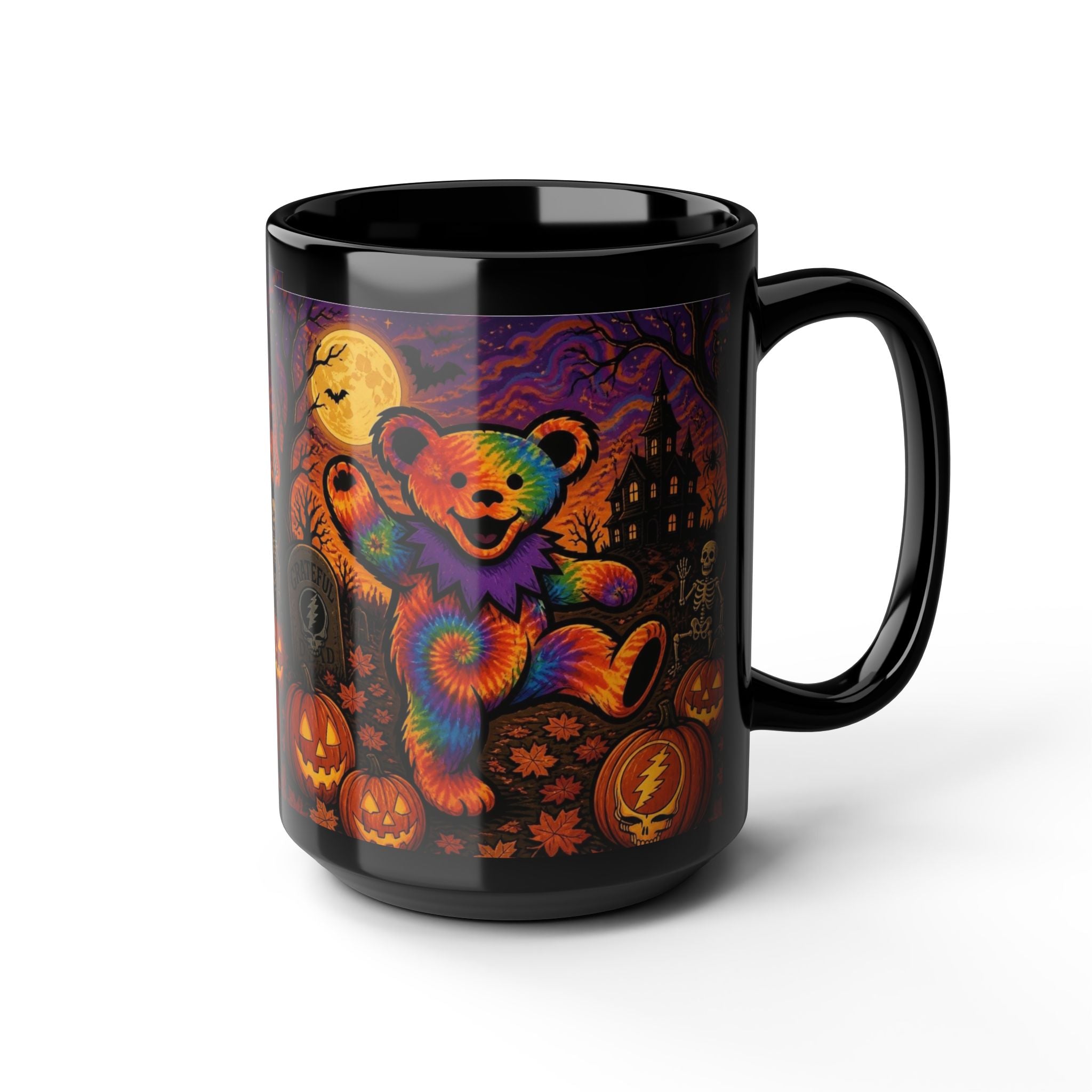 Tie-Dye Dancing Bear Halloween Mug | Spooky Pumpkin Graveyard, gift for deadhead