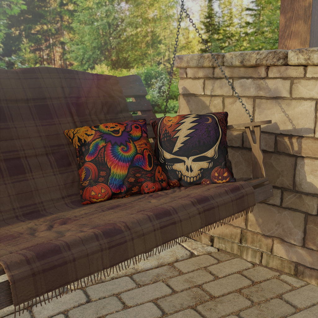 Tie-Dye Dancing Bear Halloween Outdoor Pillow | Grateful Dead Skull Pumpkin Design, gift for a deadhead, pillow for halloween