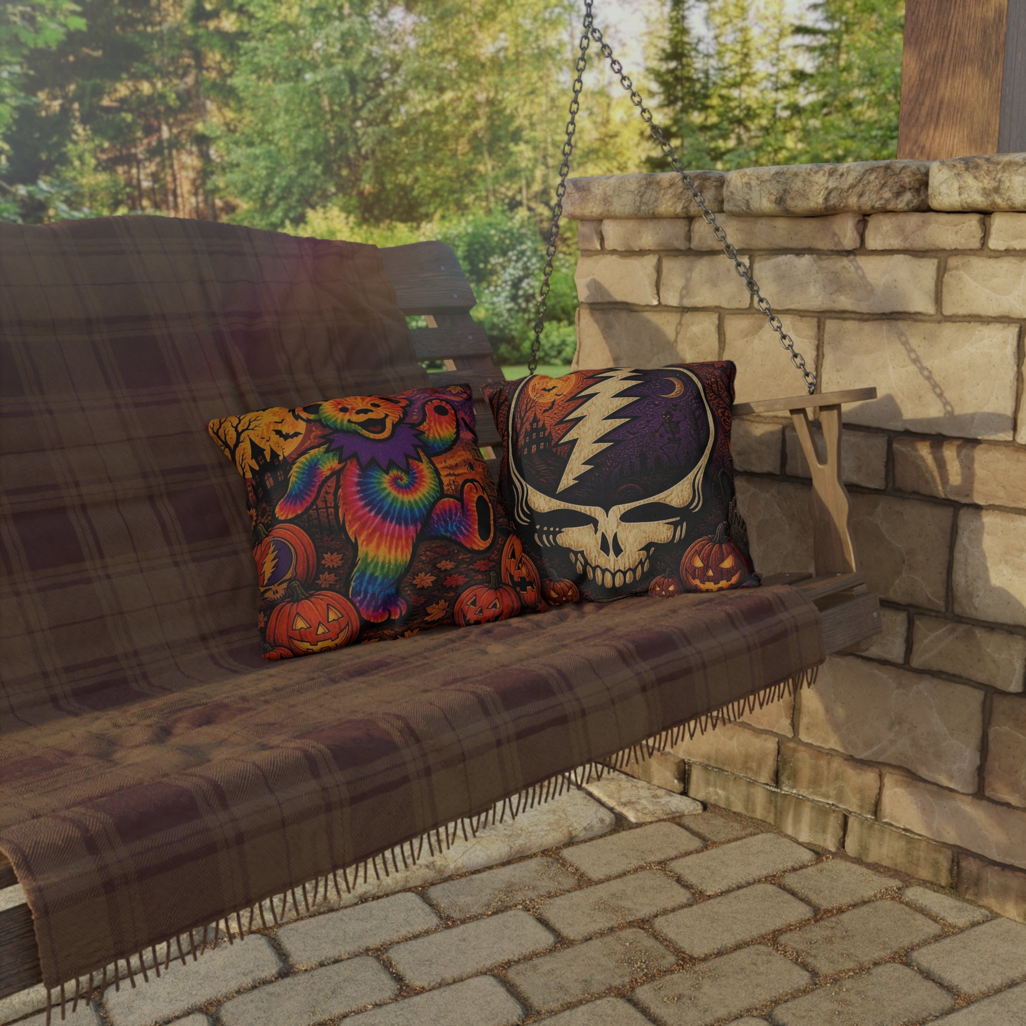 Tie-Dye Dancing Bear Halloween Outdoor Pillow | Grateful Dead Skull Pumpkin Design, gift for a deadhead, pillow for halloween