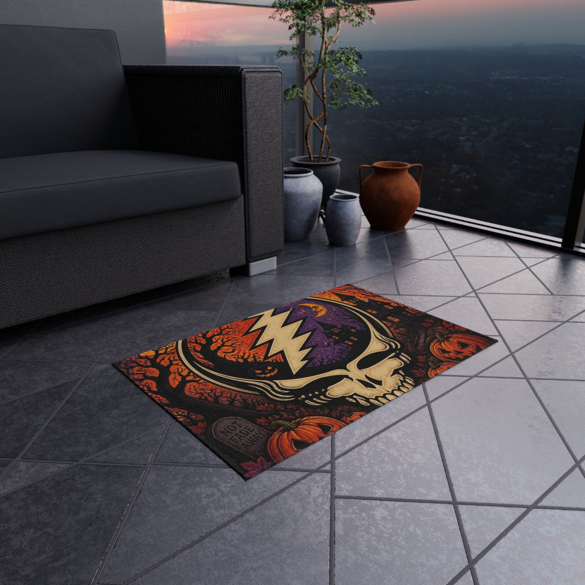 Grateful Dead Halloween Skull Outdoor, gift for deadhead, rug for front step ,  Rug | Pumpkin Haunted House Porch Mat