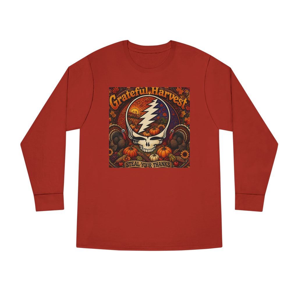 Grateful Harvest Skull with Lightning Bolt Long Sleeve Tee | Autumn Pumpkin Band Art, gift for deadhead, thanksgiving
