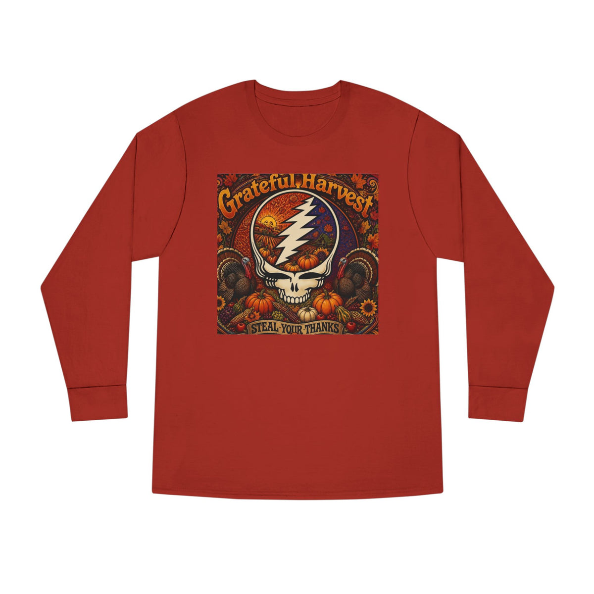 Grateful Harvest Skull with Lightning Bolt Long Sleeve Tee | Autumn Pumpkin Band Art, gift for deadhead, thanksgiving