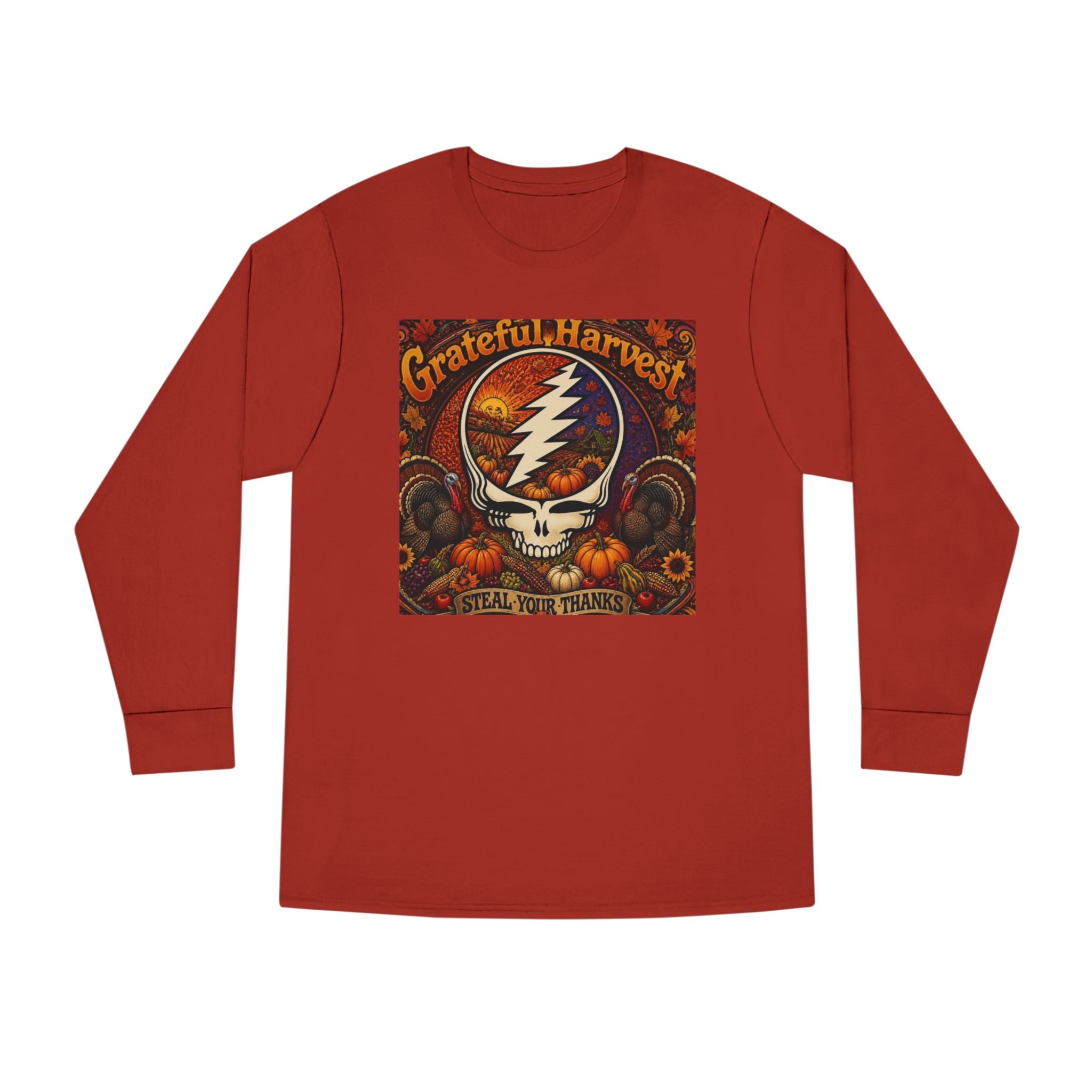 Grateful Harvest Skull with Lightning Bolt Long Sleeve Tee | Autumn Pumpkin Band Art, gift for deadhead, thanksgiving