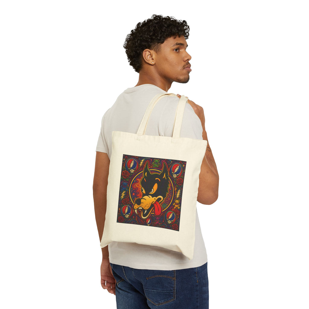 Retro Dire wolf Grateful Dead  Tote Bag | Psychedelic Badge Art, Vintage Style
