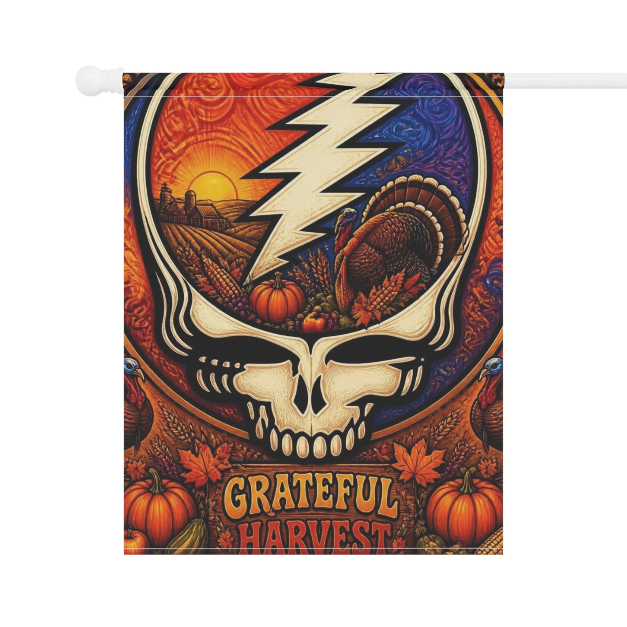 Grateful Harvest skull lightning Garden Flag | House Banner, Autumn Pumpkin Decor, Grateful Dead inspired