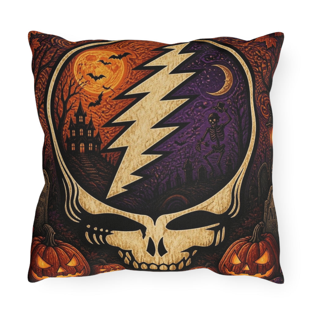 Tie-Dye Dancing Bear Halloween Outdoor Pillow | Grateful Dead Skull Pumpkin Design, gift for a deadhead, pillow for halloween