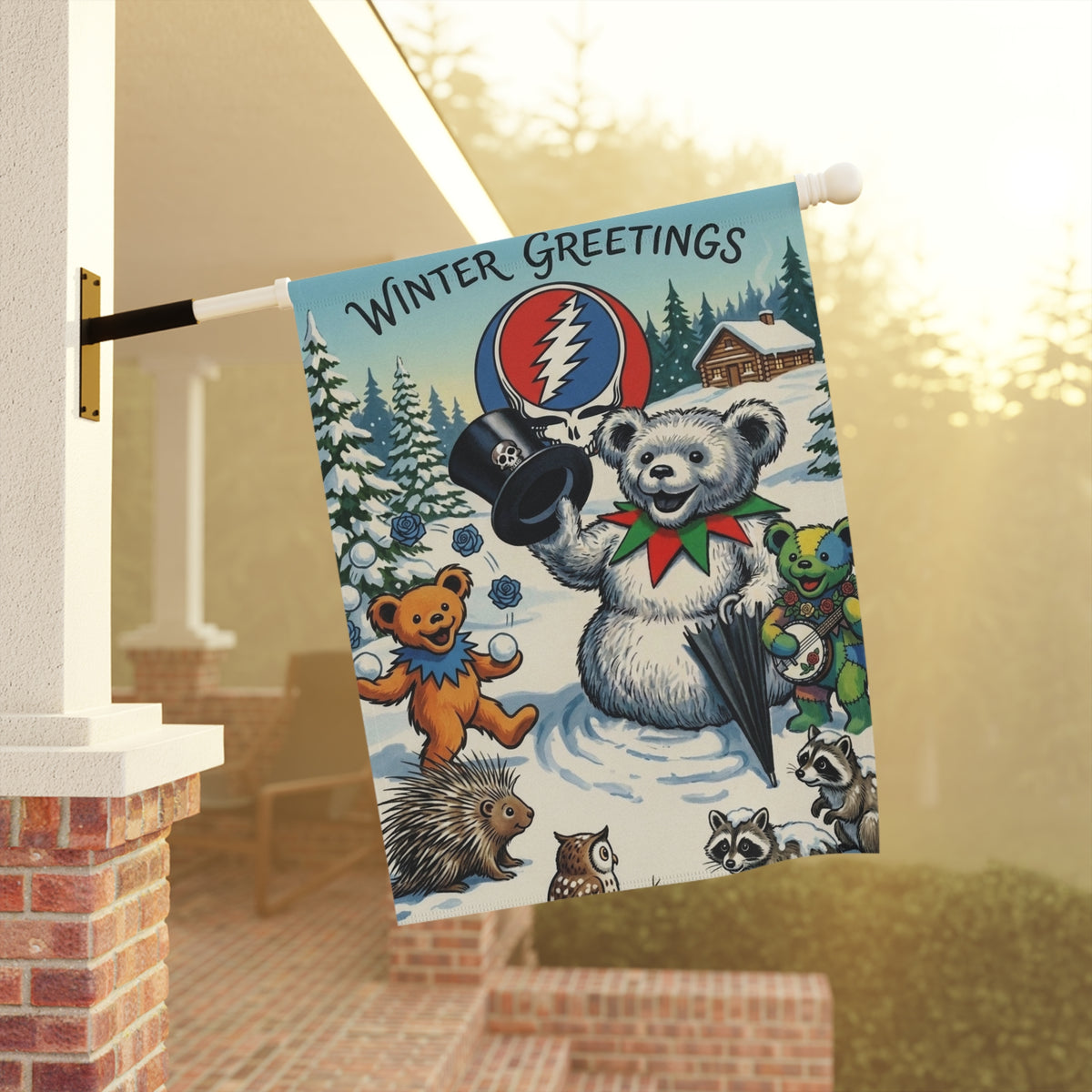 Winter Greetings Bear Holiday Garden & House Banner | Grateful Dead Steal Your Face