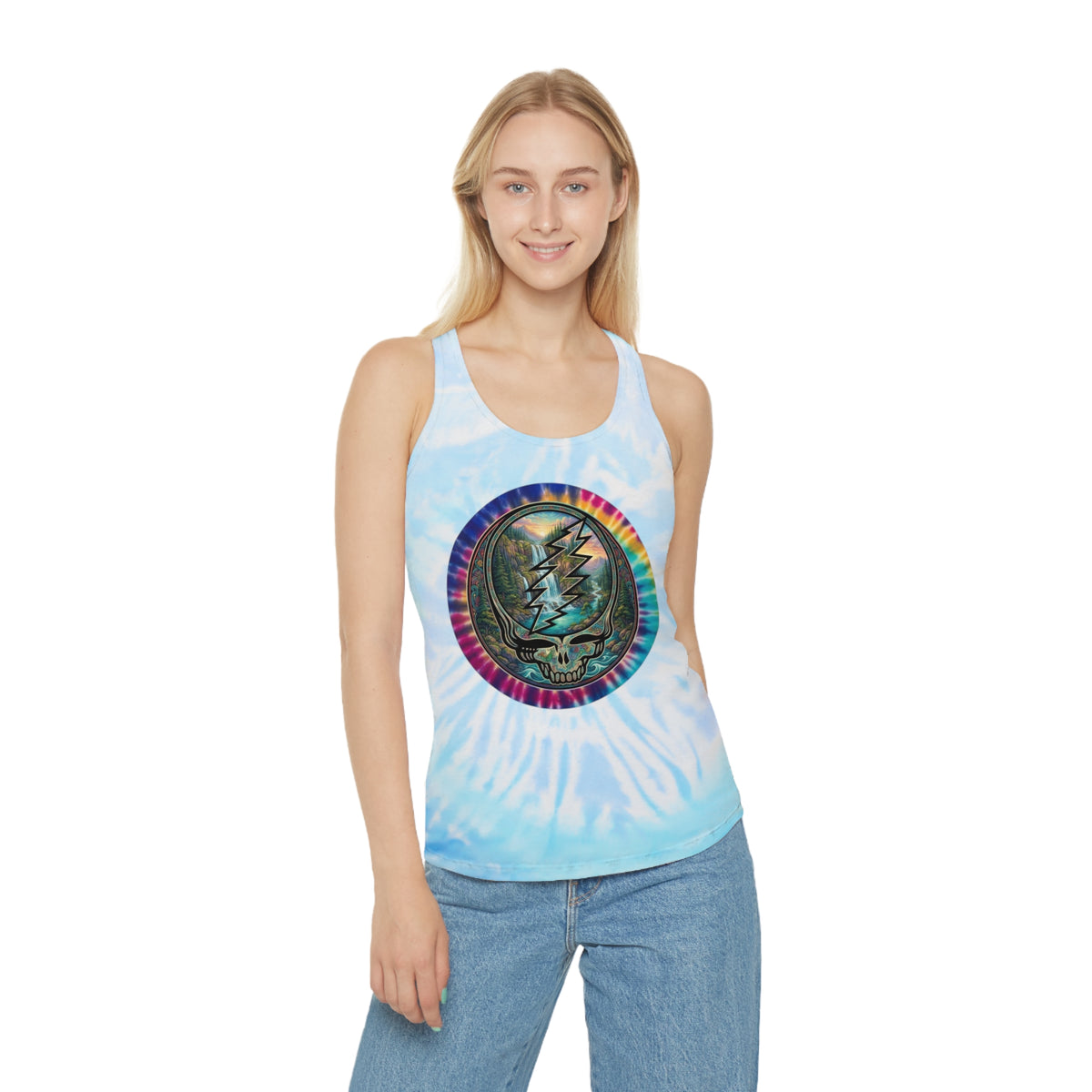 Steal Your Face Skull Lightning Bolt Tie Dye Racerback Tank, Grateful Dead Gift for a deadhead, her,him,dad,mom