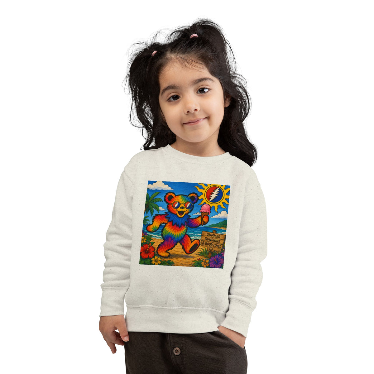 Dancing Tie-Dye Bear Toddler Sweatshirt | Surfboard Beach Grateful Dead Vibe