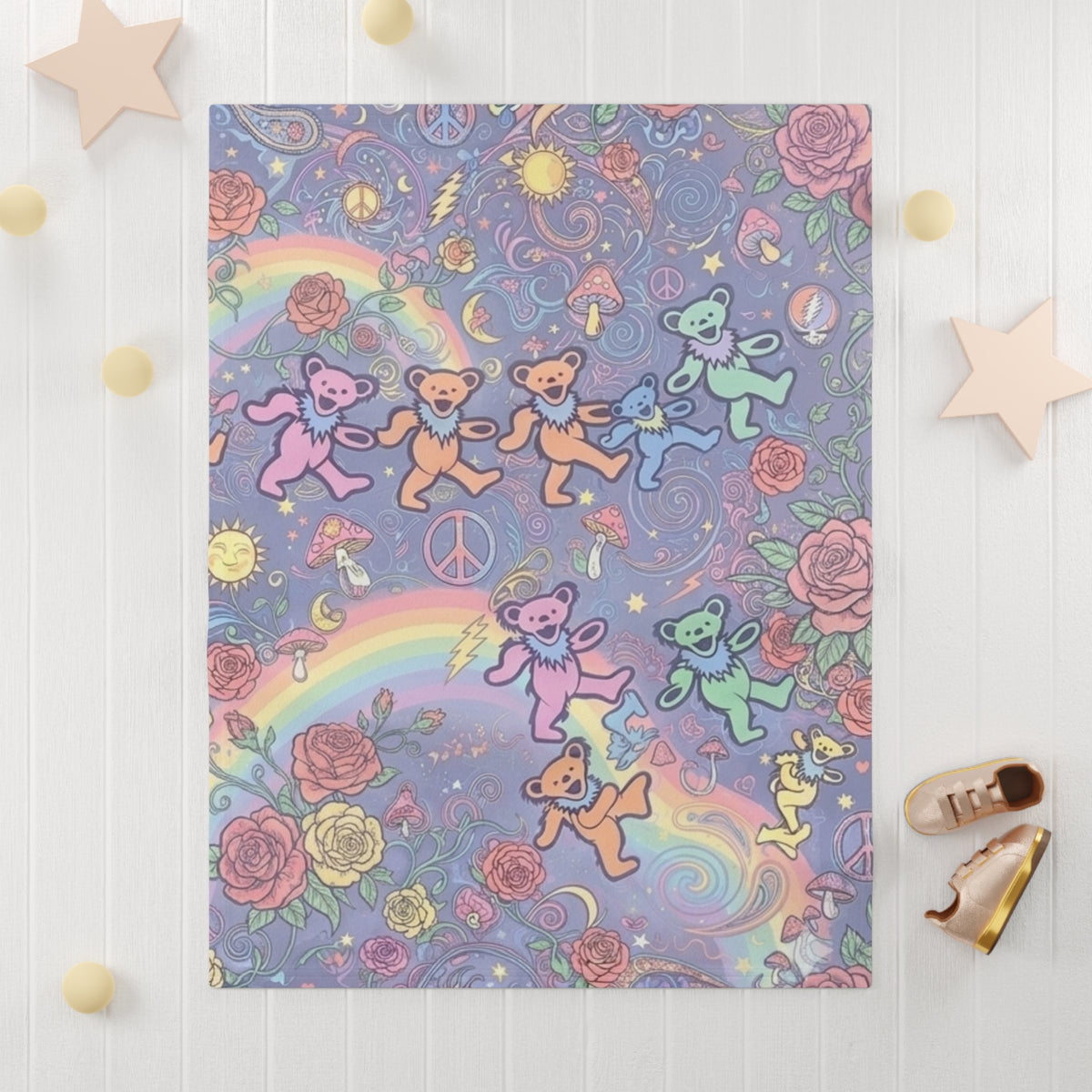 Grateful Dead, Gift for Deadhead, Dancing Rainbow Bears baby blanket | psychedelic floral peace fleece blanket