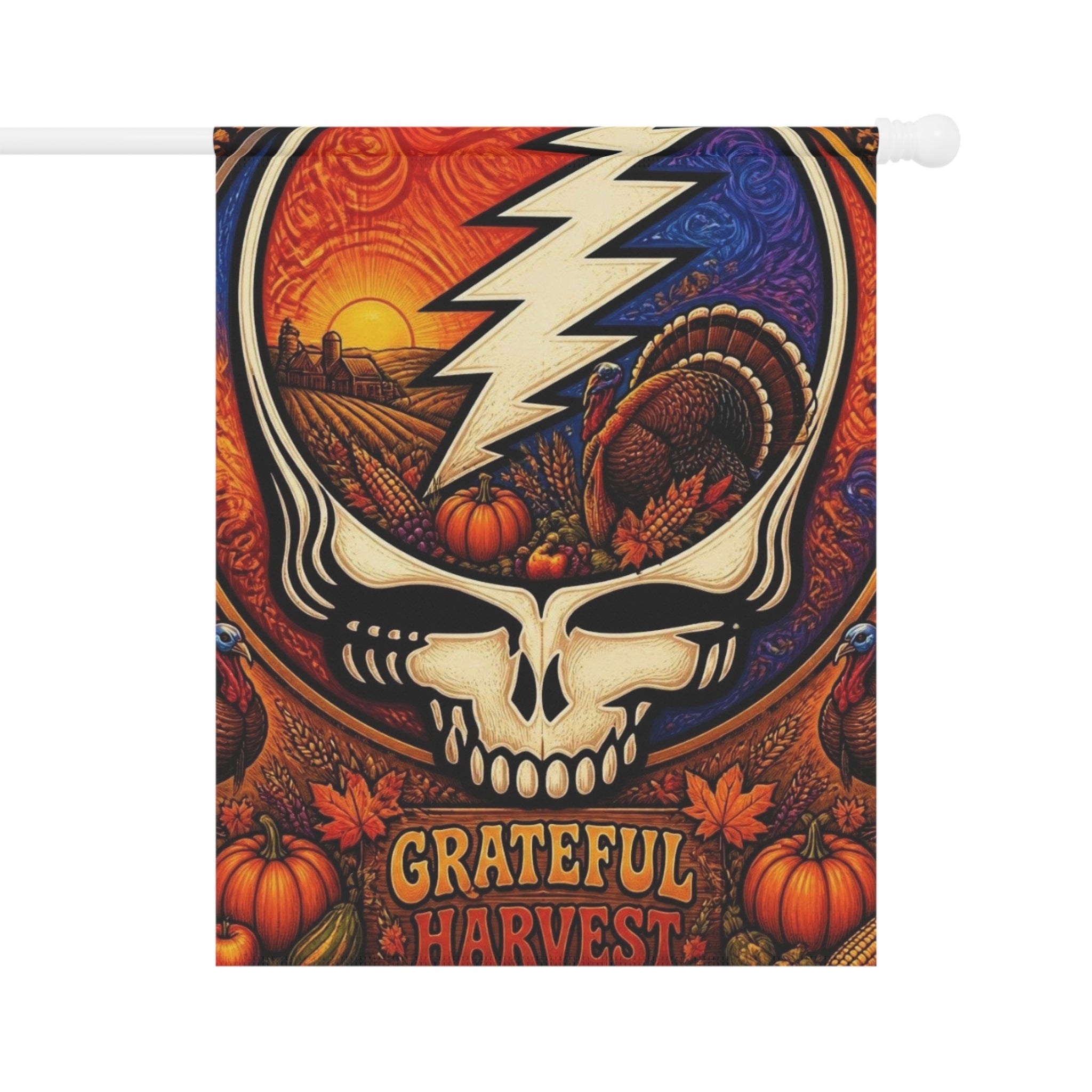 Grateful Harvest skull lightning Garden Flag | House Banner, Autumn Pumpkin Decor, Grateful Dead inspired