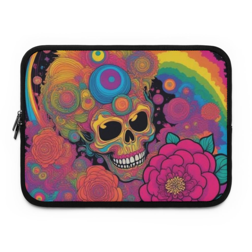 Psychedelic Skull with Flowers Laptop Sleeve | Rainbow Retro Day of the Dead