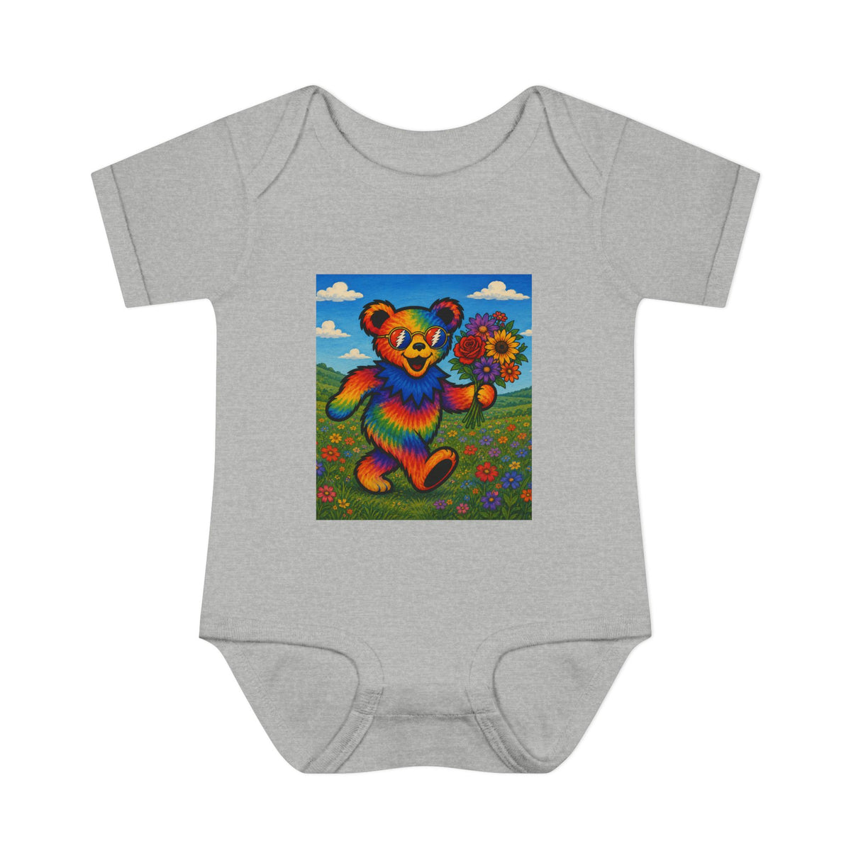 Grateful Dead Rainbow Tie Dye Bear Holding Sunflower Infant Bodysuit