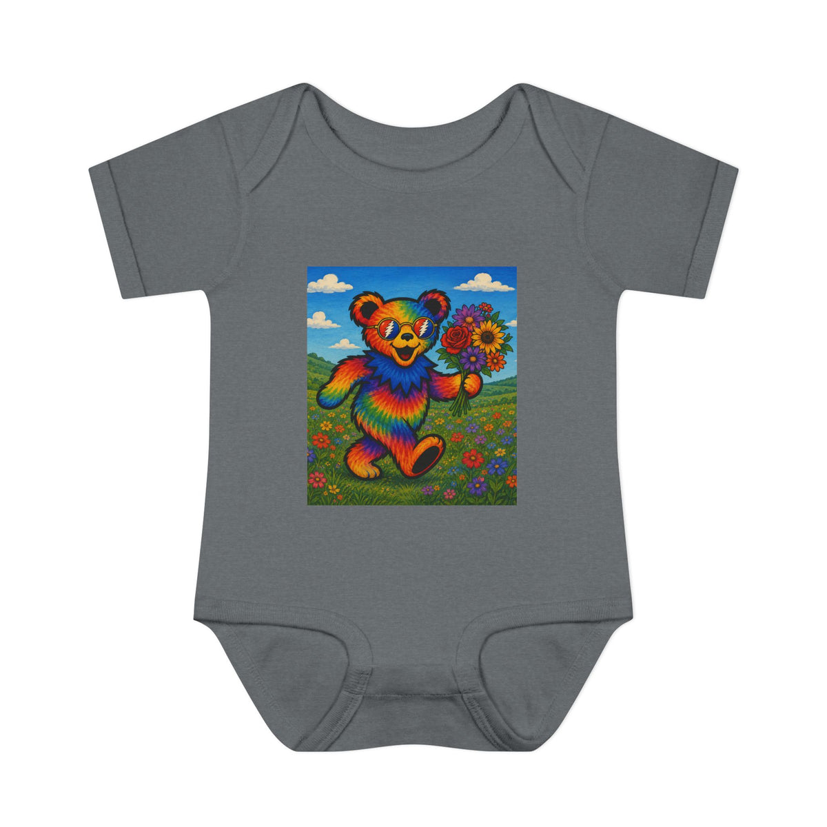 Grateful Dead Rainbow Tie Dye Bear Holding Sunflower Infant Bodysuit