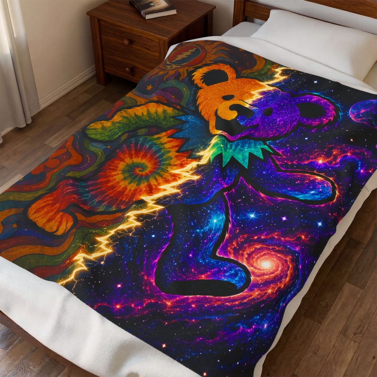 Tie Dye Cosmic Dancing Bear Blanket | Psychedelic Grateful Dead Style Throw