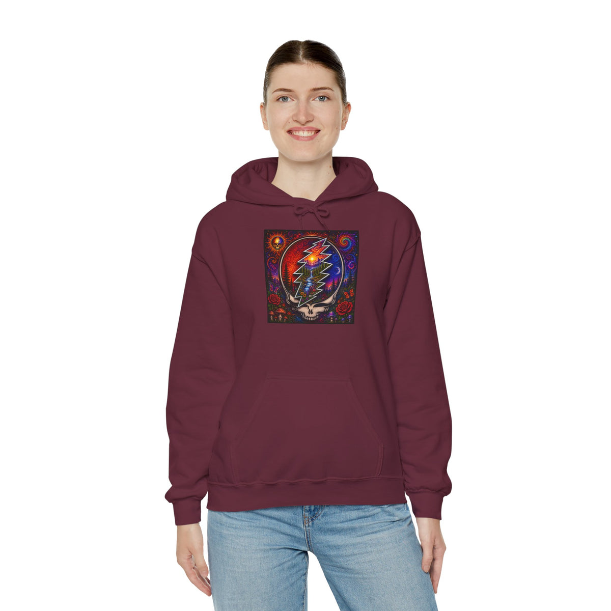Psychedelic Steal Your Face Skull Hoodie | Grateful Dead Lightning Bolt, Rainbow Cosmic Art