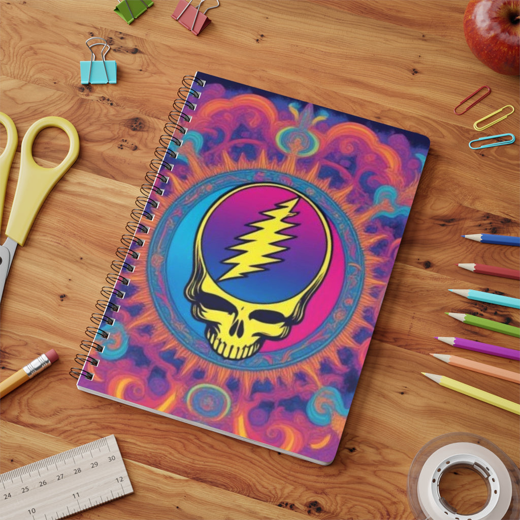 Psychedelic Steal Your Face Skull Notebook | Wirobound Softcover A5, gift for a deadhead, grateful dead inspired