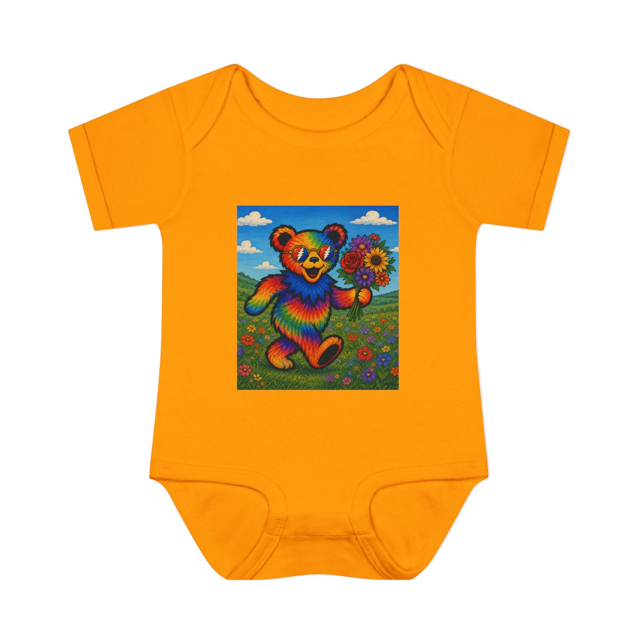 Grateful Dead Rainbow Tie Dye Bear Holding Sunflower Infant Bodysuit