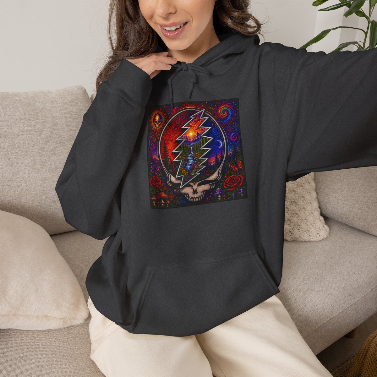 Psychedelic Steal Your Face Skull Hoodie | Grateful Dead Lightning Bolt, Rainbow Cosmic Art
