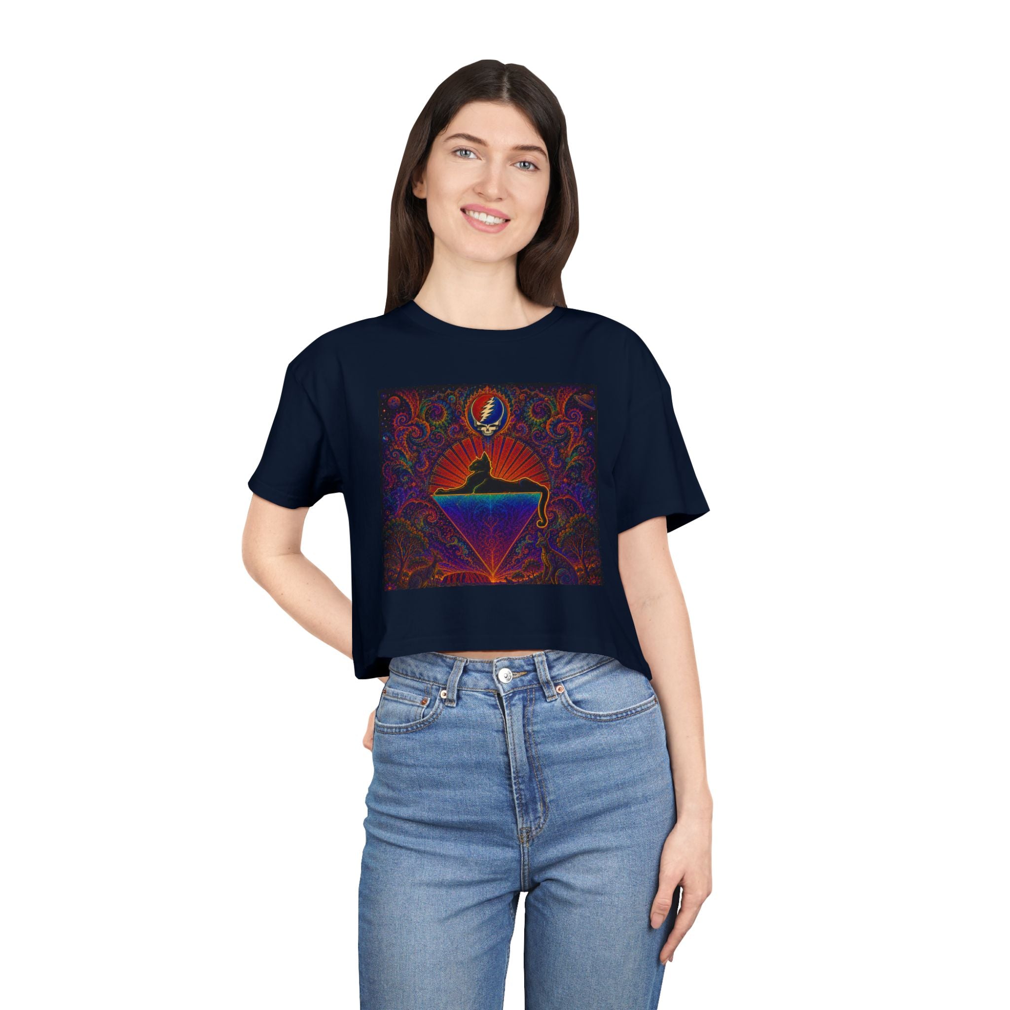 Cats down under the stars Psychedelic Sunrise Diamond Skull Tee | Crop Top