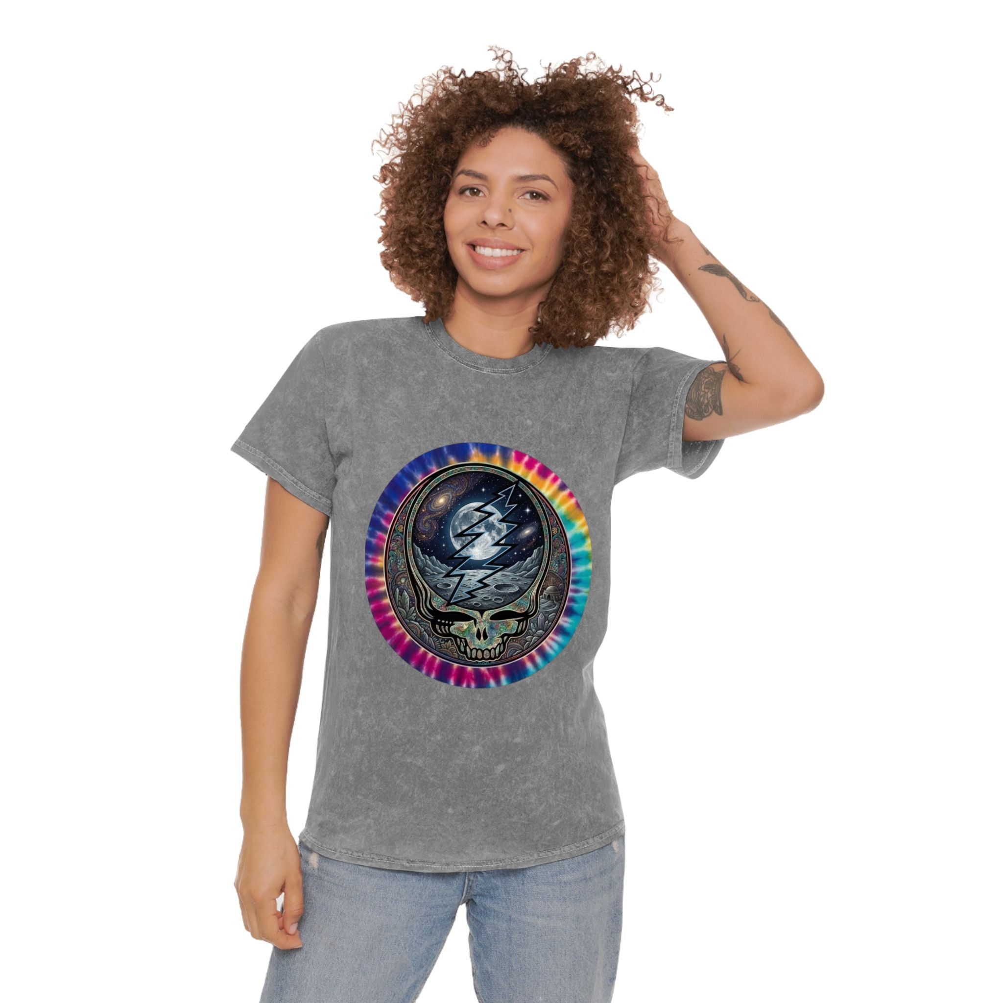 Grateful Dead Standing on the Moon, Steal Your Face Skull Lightning Tie Dye T-Shirt | Mineral Wash, gift for a deadhead