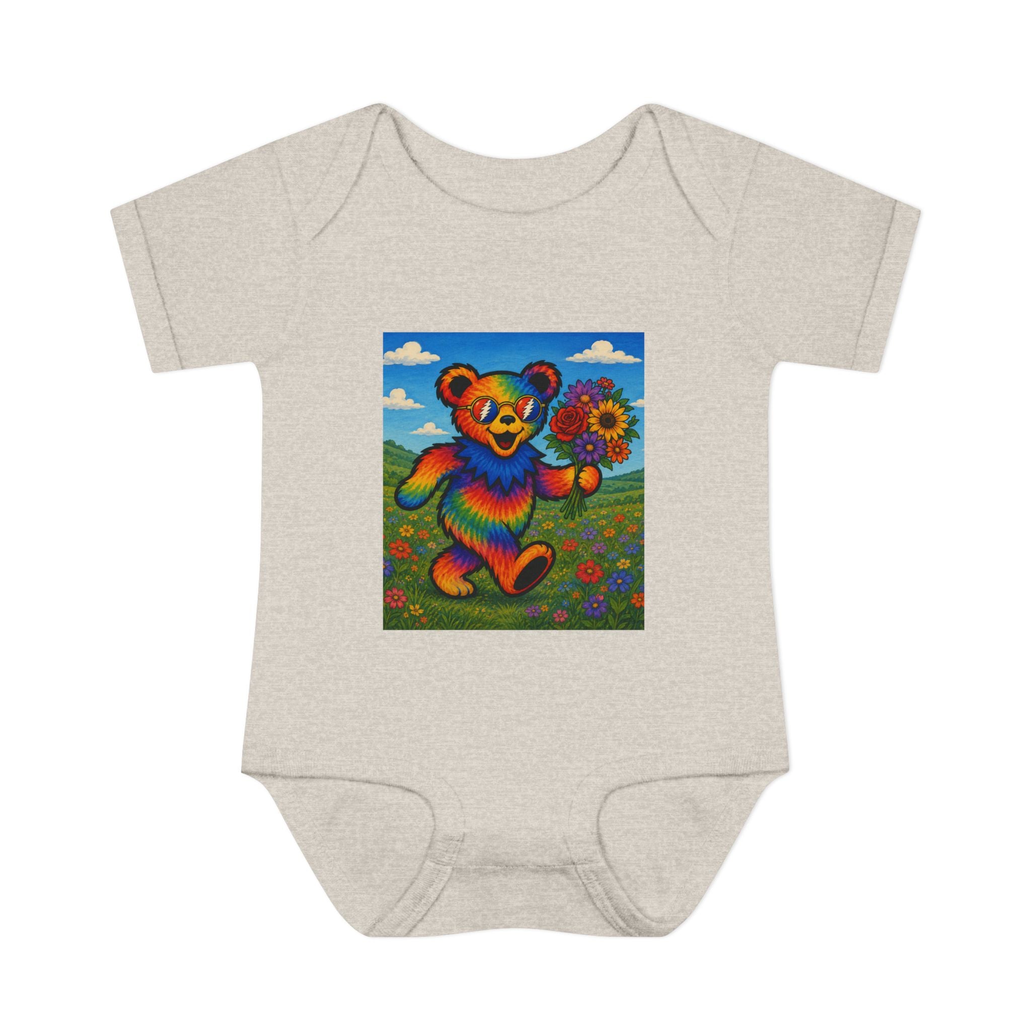 Grateful Dead Rainbow Tie Dye Bear Holding Sunflower Infant Bodysuit