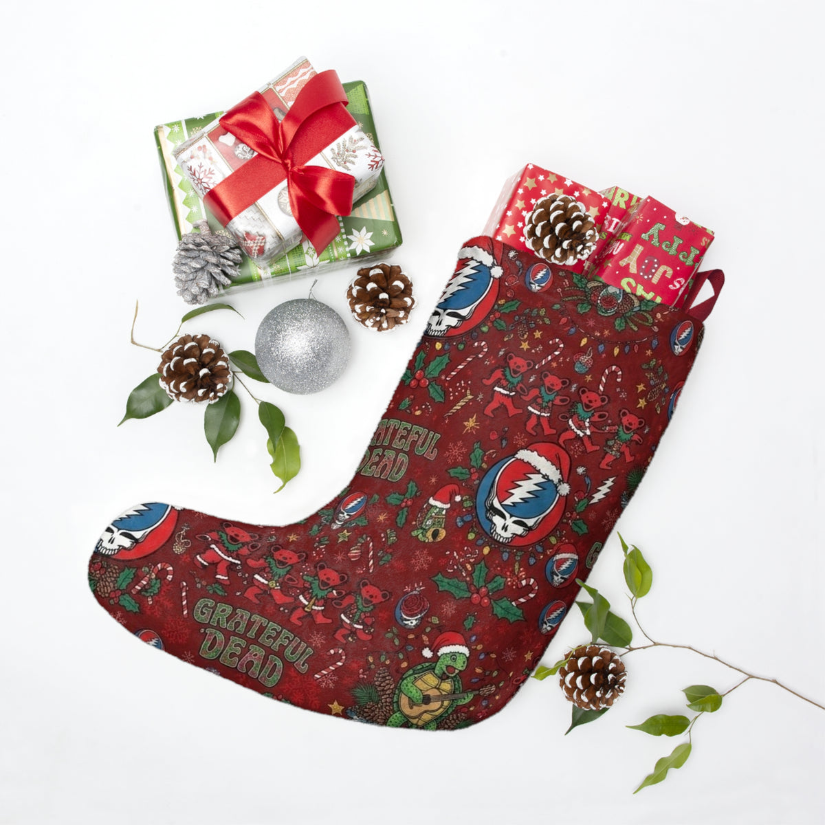 Grateful Dead Holiday Pattern Christmas Stocking | Deadhead Santa Skulls, Gift for a deadhead