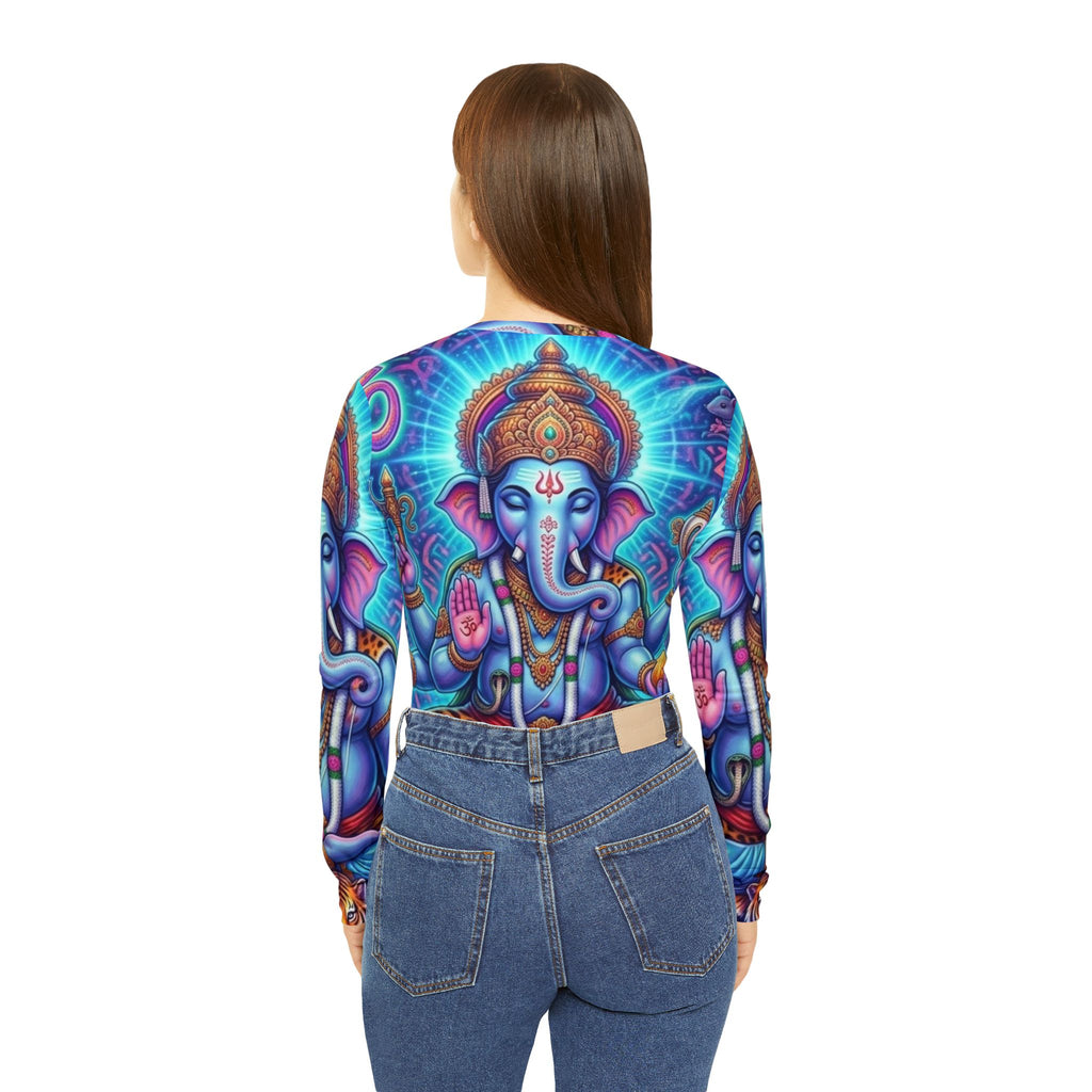 Blue Ganesha Illustration Long Sleeve gift for her, mom, friend, sister, yogi, yoga, hindu V-neck Shirt | Hindu Deity Art