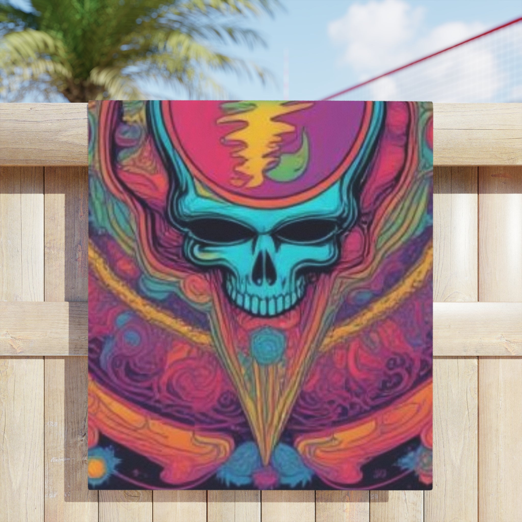 Psychedelic Skull Waveform Beach Towel | Rainbow Trippy Skull Grateful dead