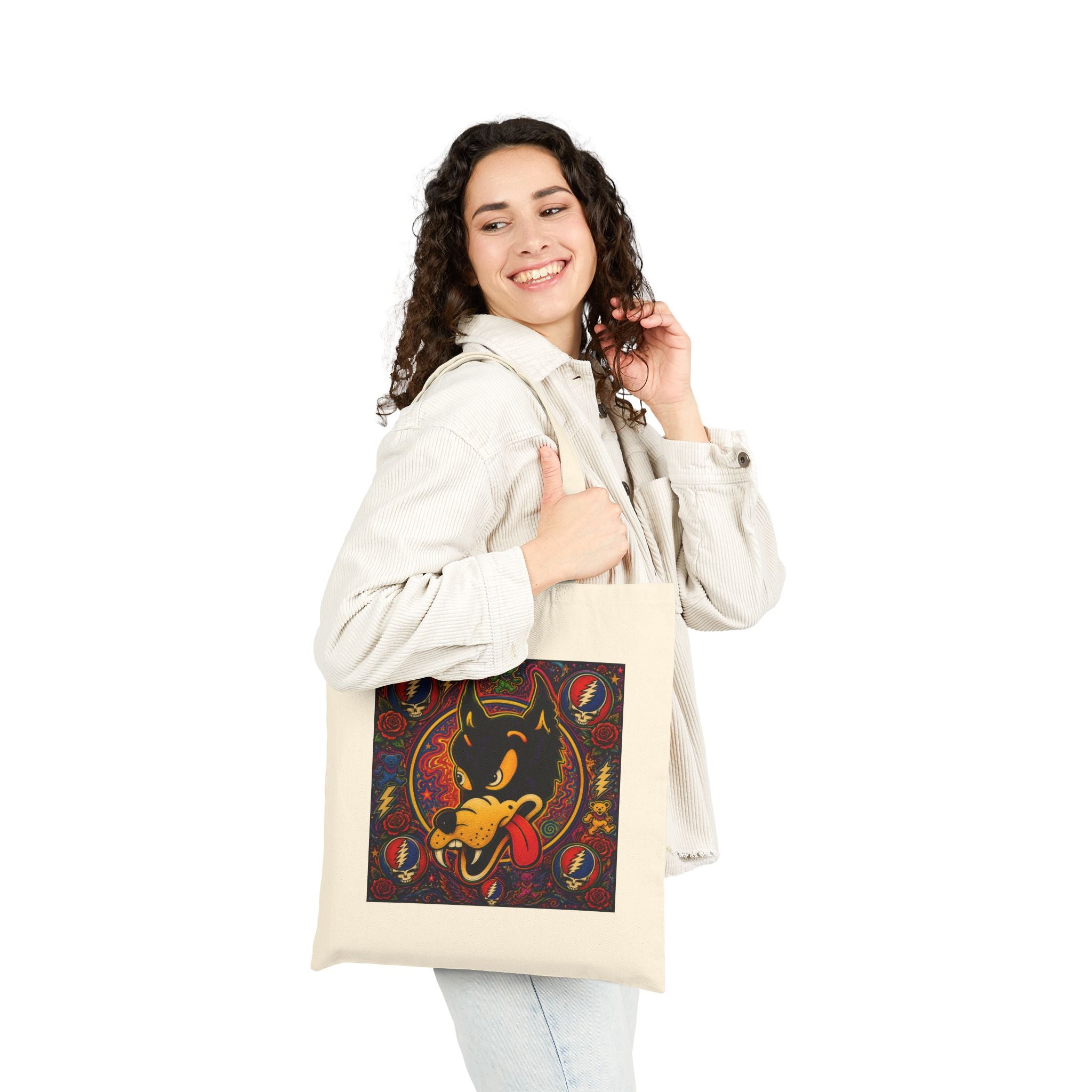 Retro Dire wolf Grateful Dead  Tote Bag | Psychedelic Badge Art, Vintage Style