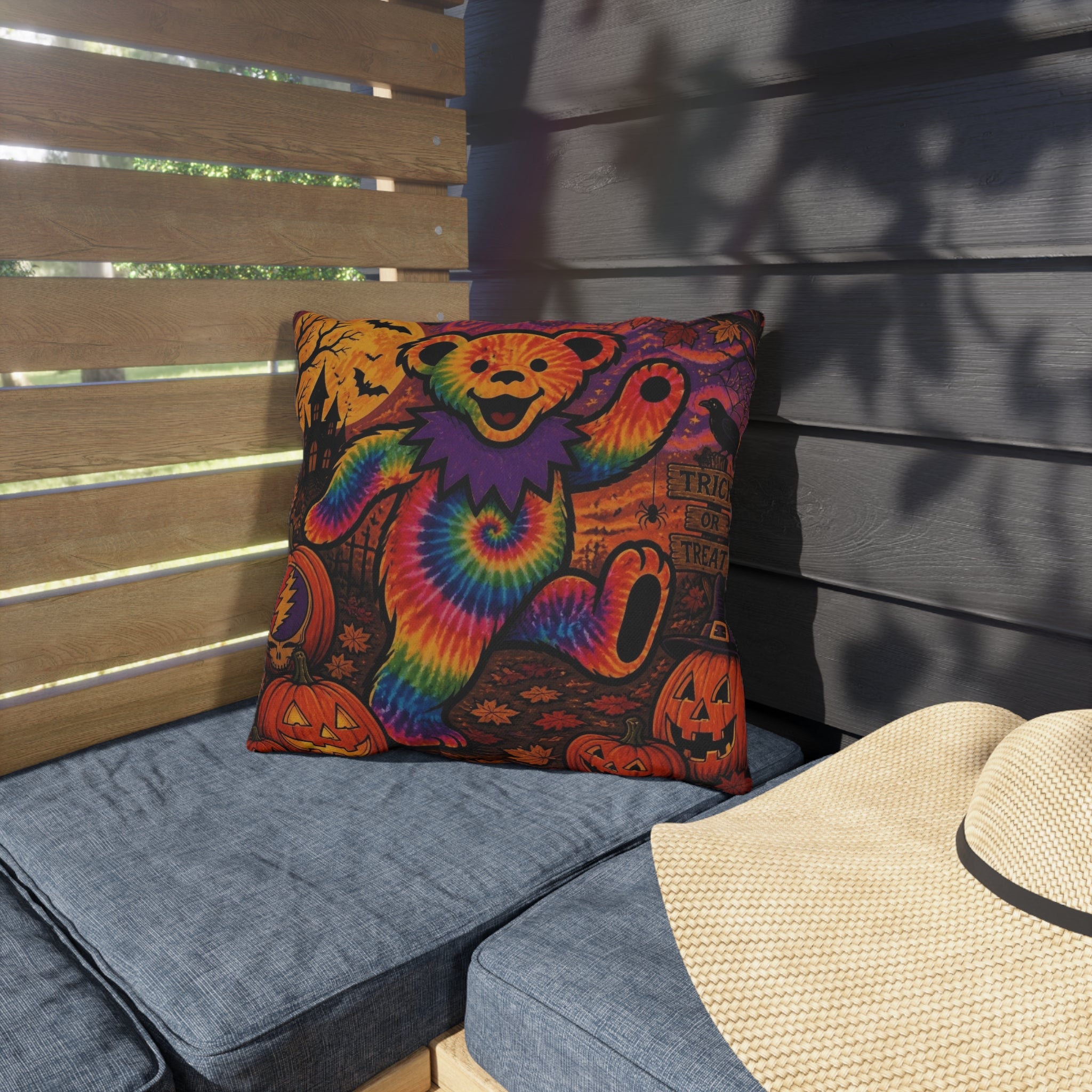Tie-Dye Dancing Bear Halloween Outdoor Pillow | Grateful Dead Skull Pumpkin Design, gift for a deadhead, pillow for halloween