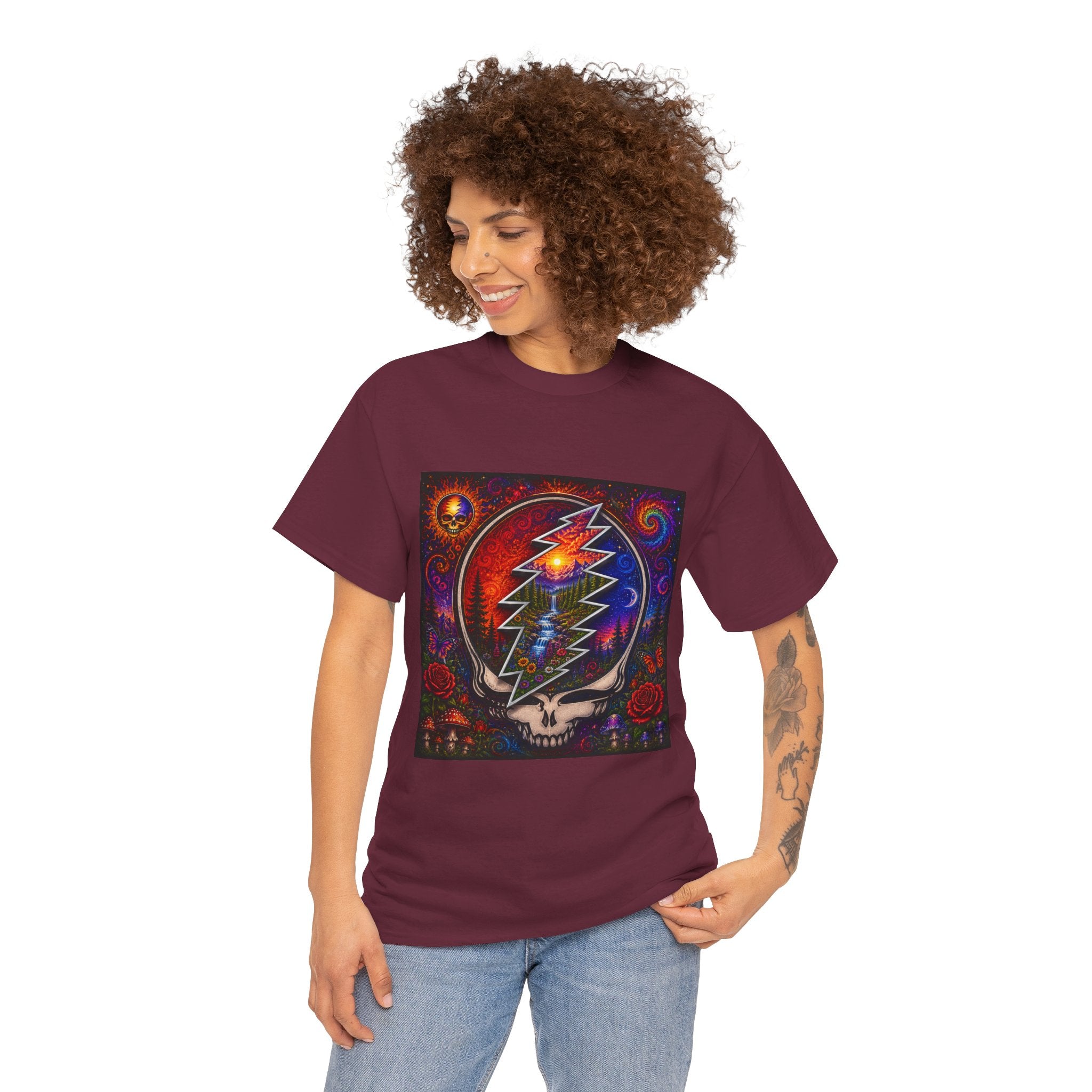 Psychedelic Steal Your Face Skull T-Shirt | Colorful Lightning Rose Grateful Dead Tee