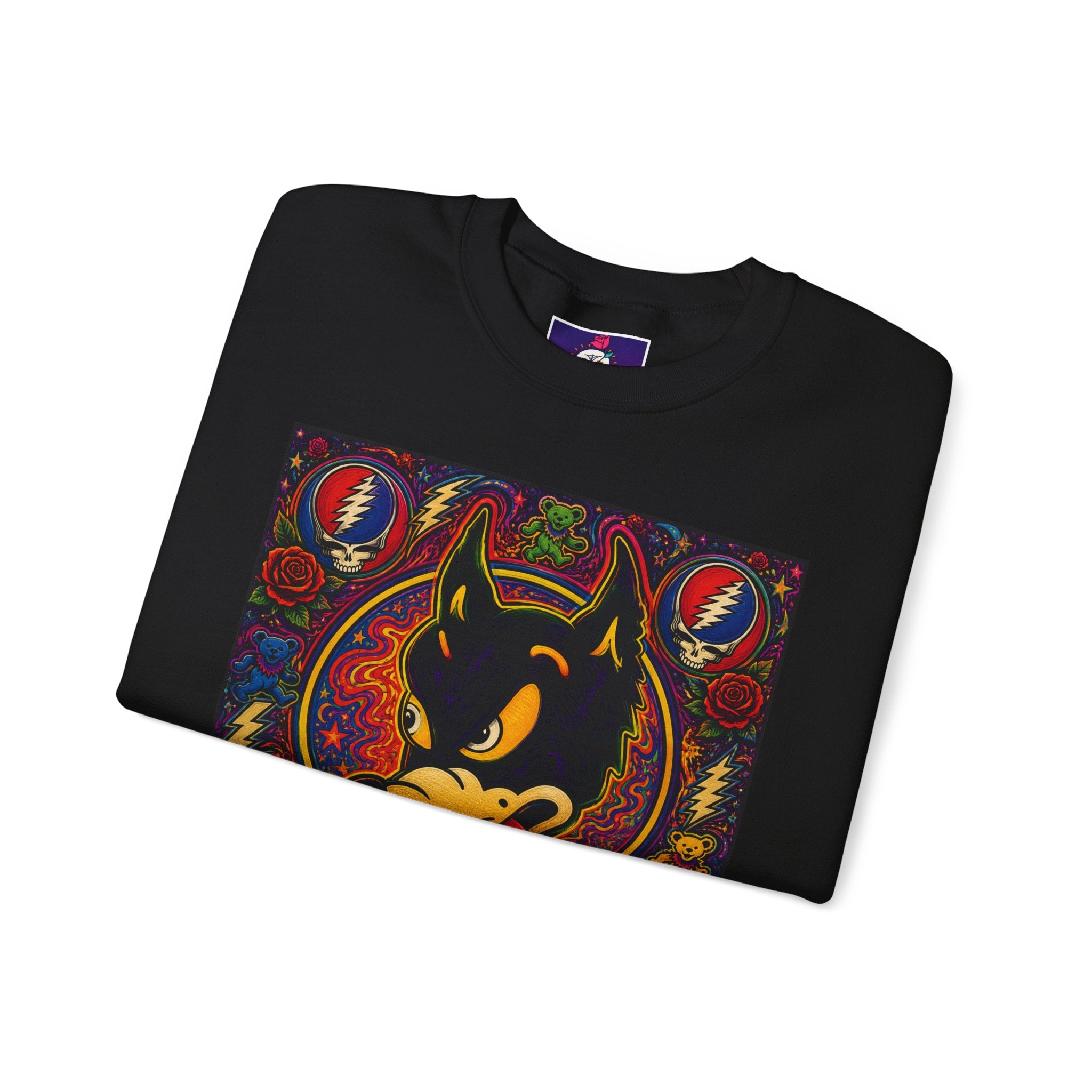 Psychedelic Dire Wolf Grateful Dead Crewneck Sweatshirt | Retro Skull Roses Band Icons
