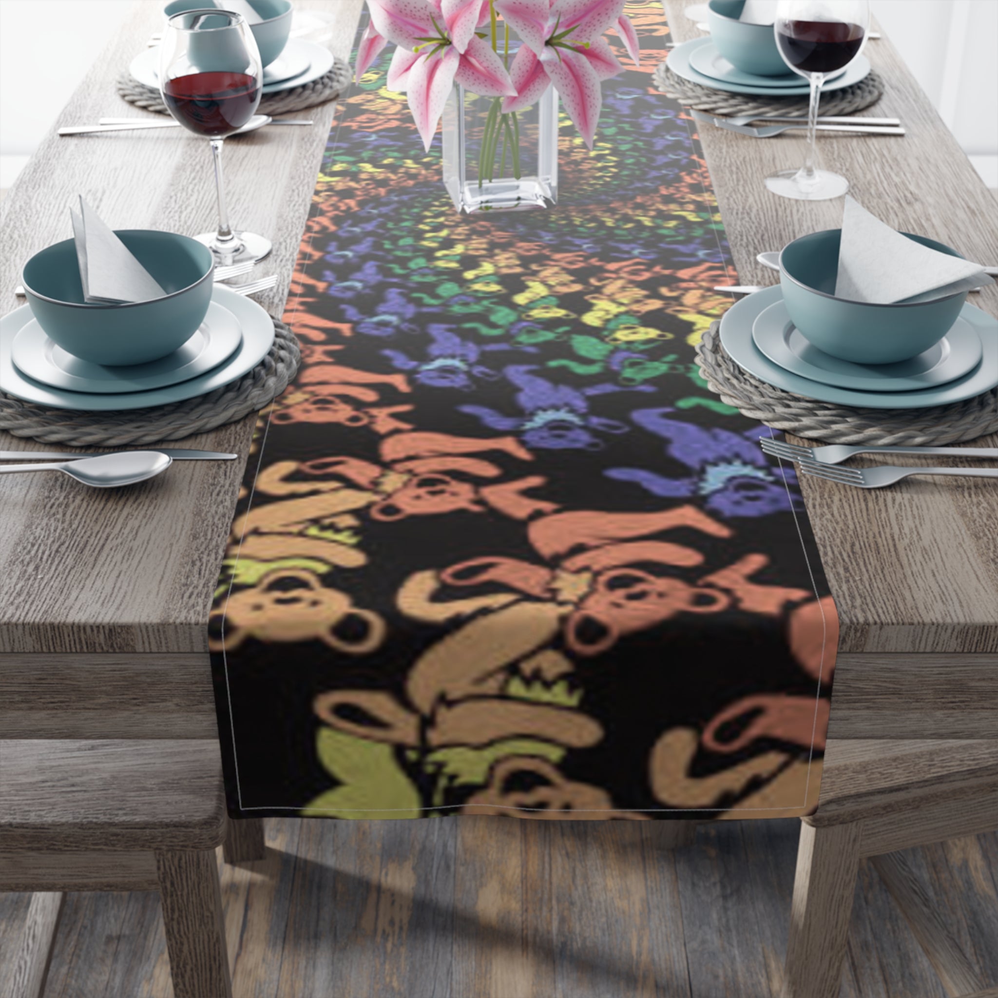 Grateful Dead Bear Rainbow Dancing Bears Table Runner | Psychedelic Spiral Cotton Poly, gift for a deadhead