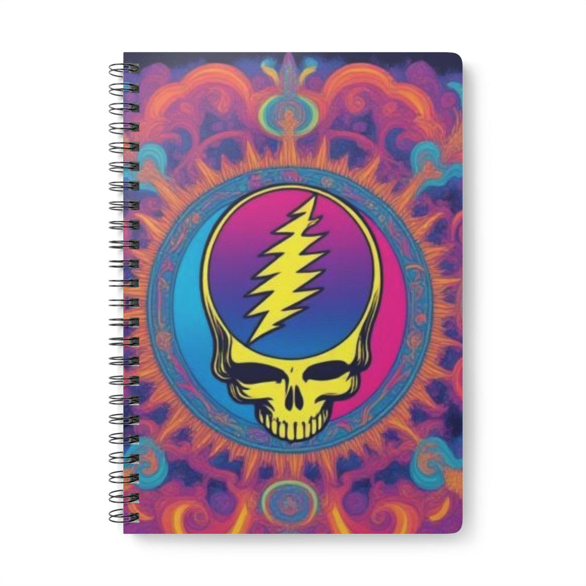 Psychedelic Steal Your Face Skull Notebook | Wirobound Softcover A5, gift for a deadhead, grateful dead inspired