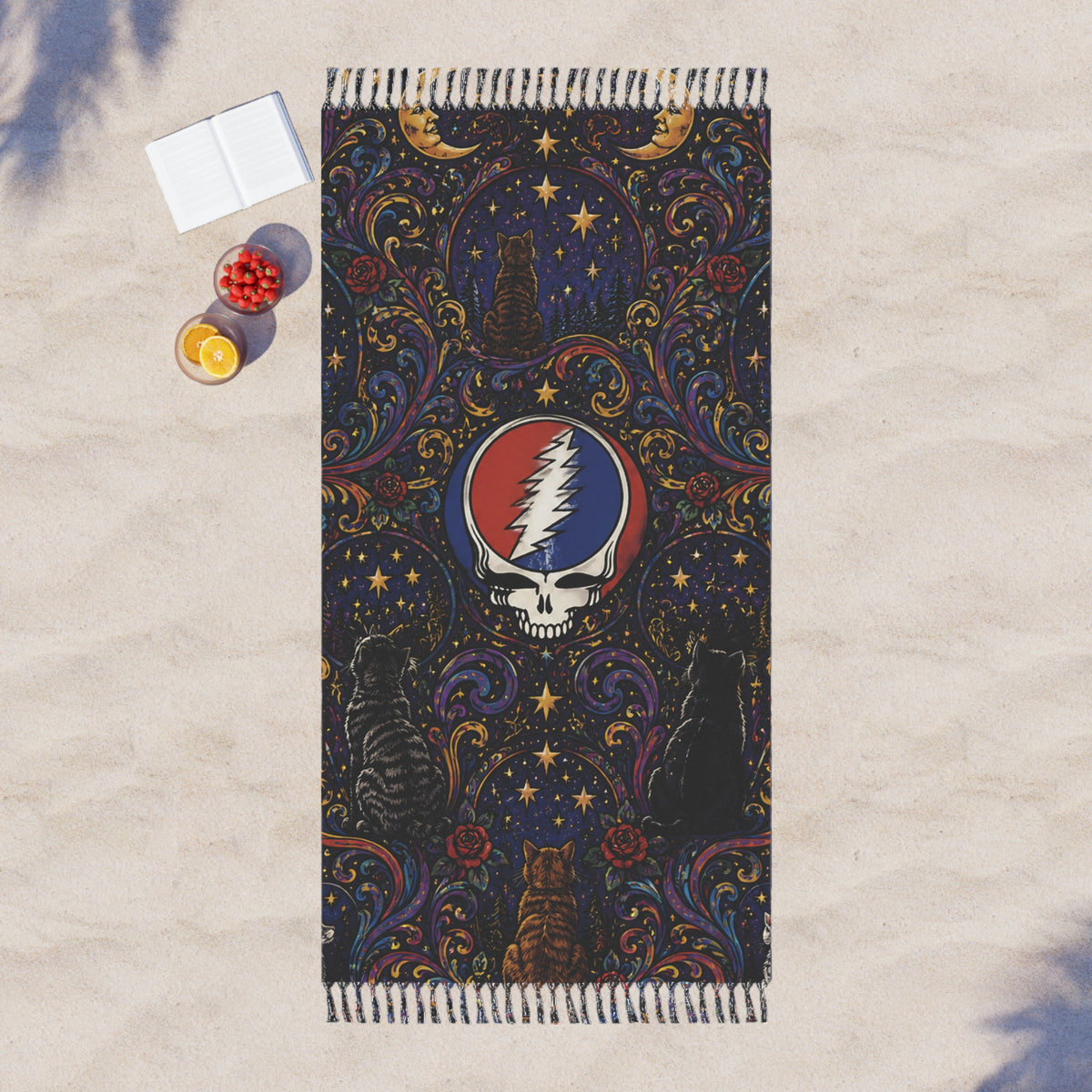 Grateful Dead Steal Your Face Skull beach towel | boho celestial cats stars