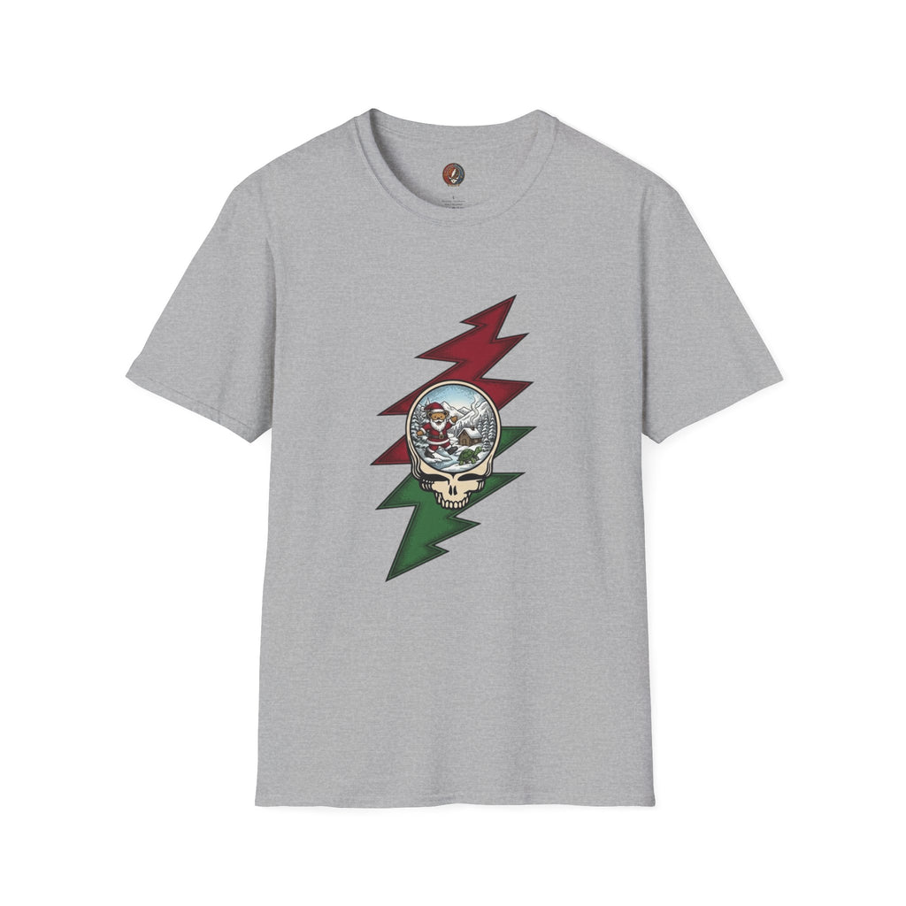 Santa Skull Lightning Bolt T-Shirt | Rock Christmas Holiday Tee, Grateful Dead inspired, Gift for a Deadhead