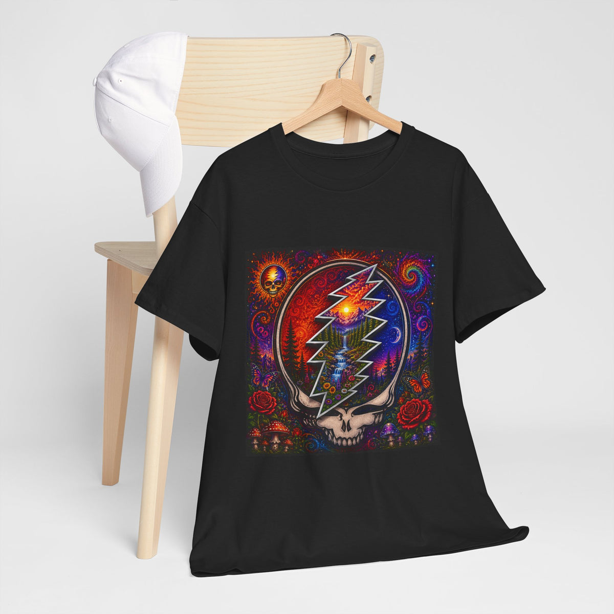 Psychedelic Steal Your Face Skull T-Shirt | Colorful Lightning Rose Grateful Dead Tee