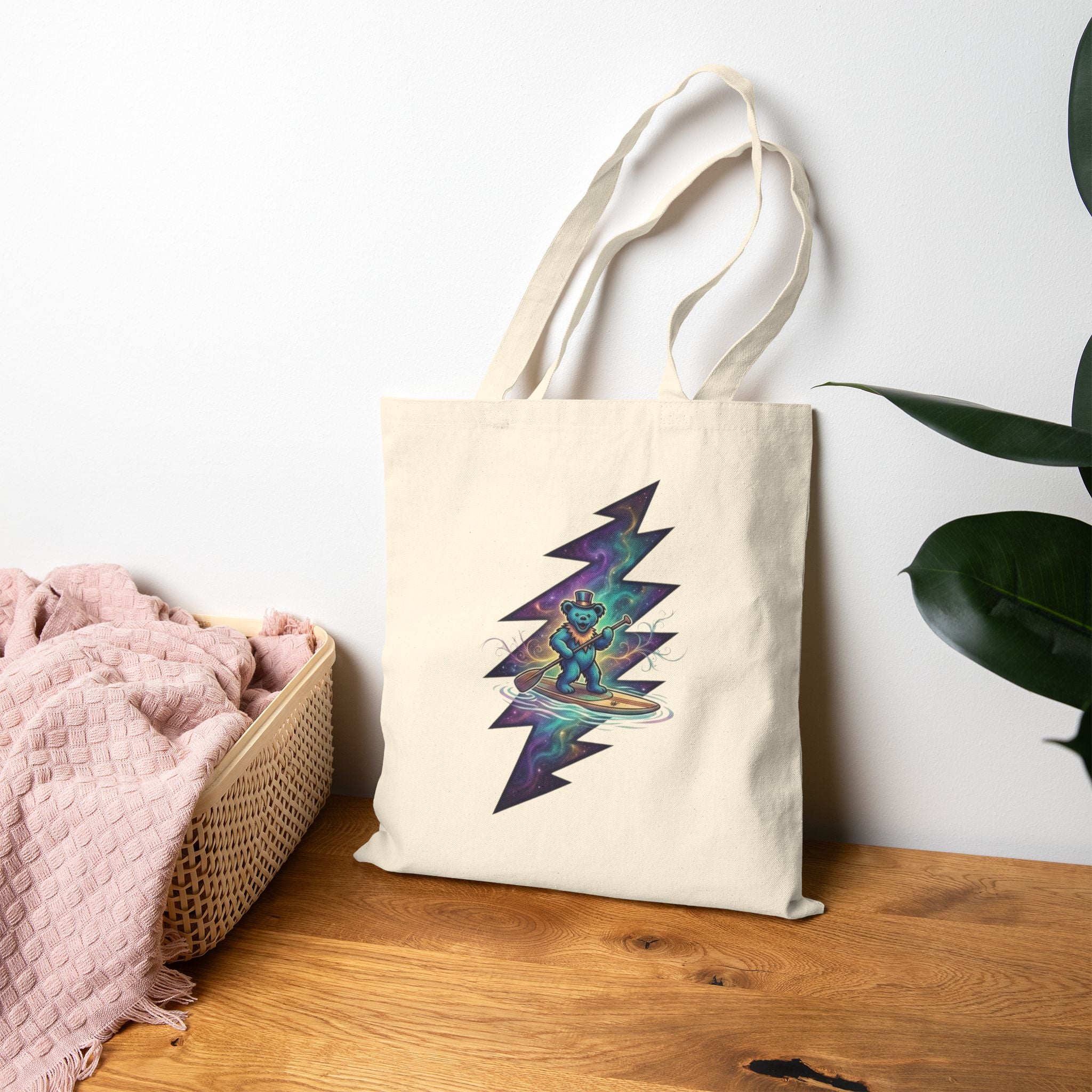 Grateful Dead Paddleboarding dead bear Cosmic Bear Lightning Bolt Tote Bag | Canvas Market Bag