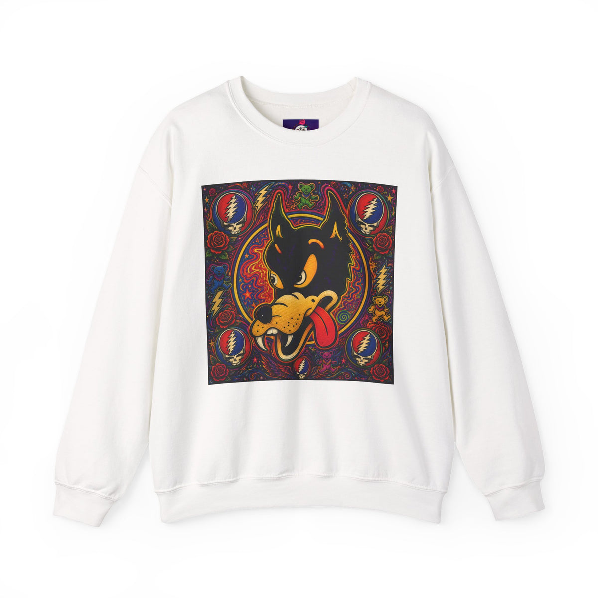 Psychedelic Dire Wolf Grateful Dead Crewneck Sweatshirt | Retro Skull Roses Band Icons