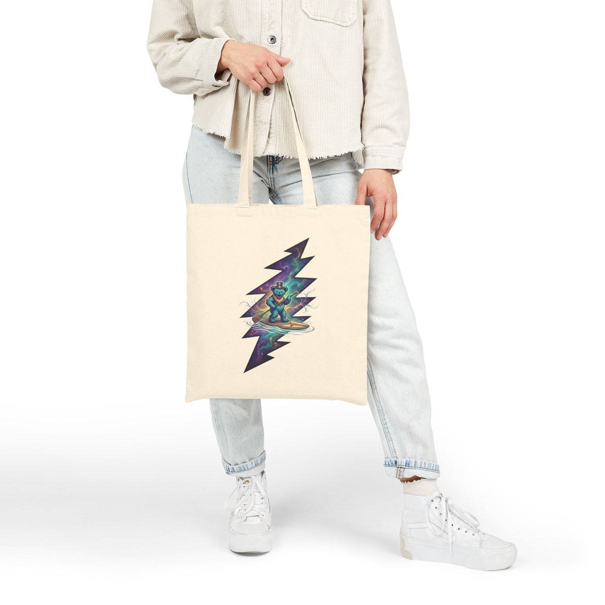 Grateful Dead Paddleboarding dead bear Cosmic Bear Lightning Bolt Tote Bag | Canvas Market Bag