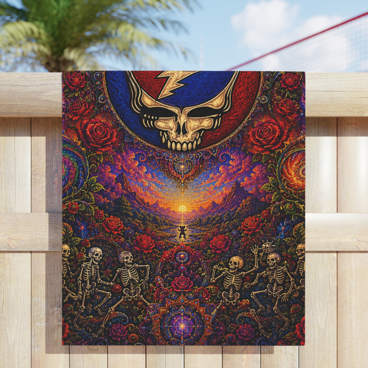 Steal Your Face Skull Psychedelic Beach Towel | Grateful Dead Spiral Roses