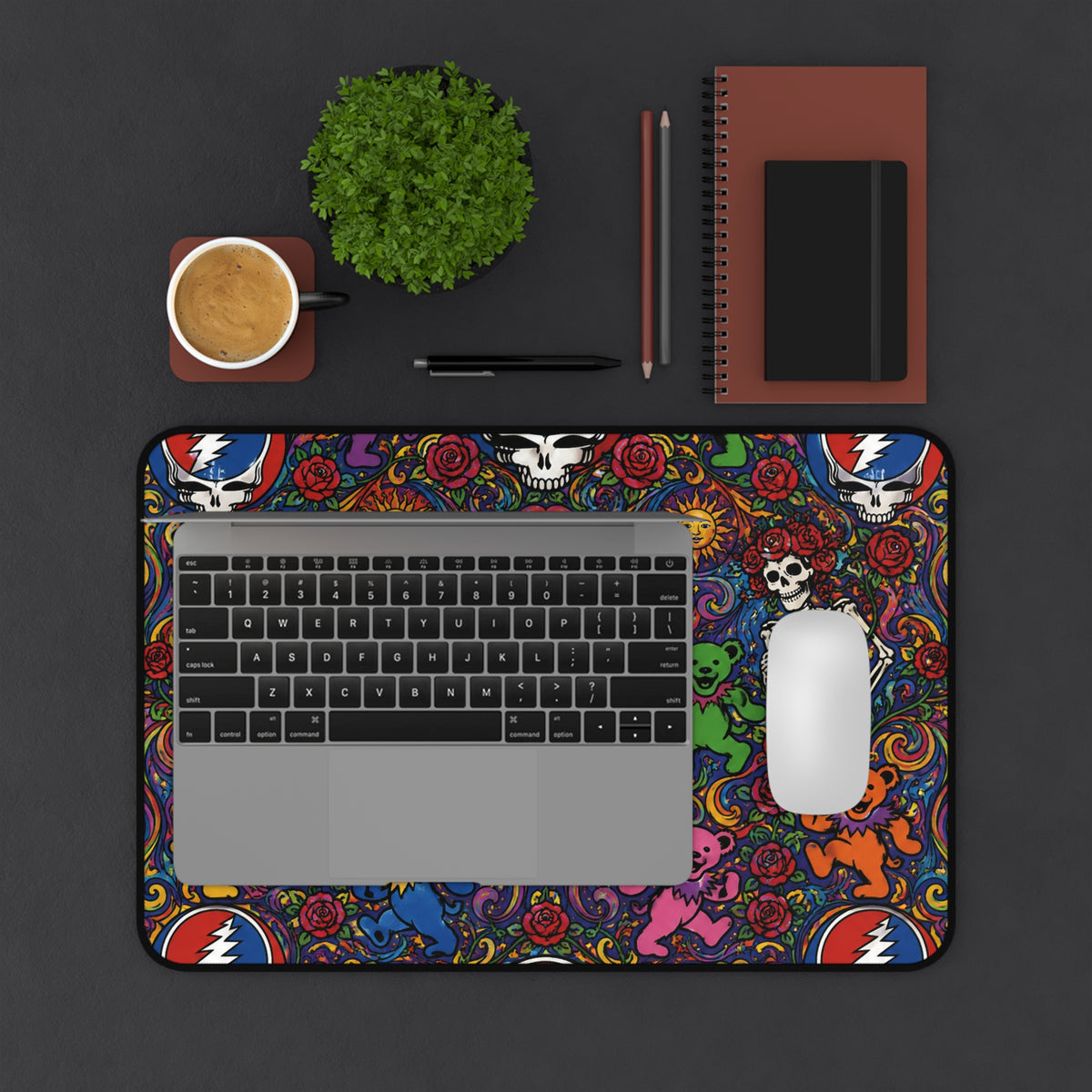 Grateful Dead Steal Your Face Skull Desk Mat | Colorful Dancing Bears, Psychedelic Floral, gift for deadhead