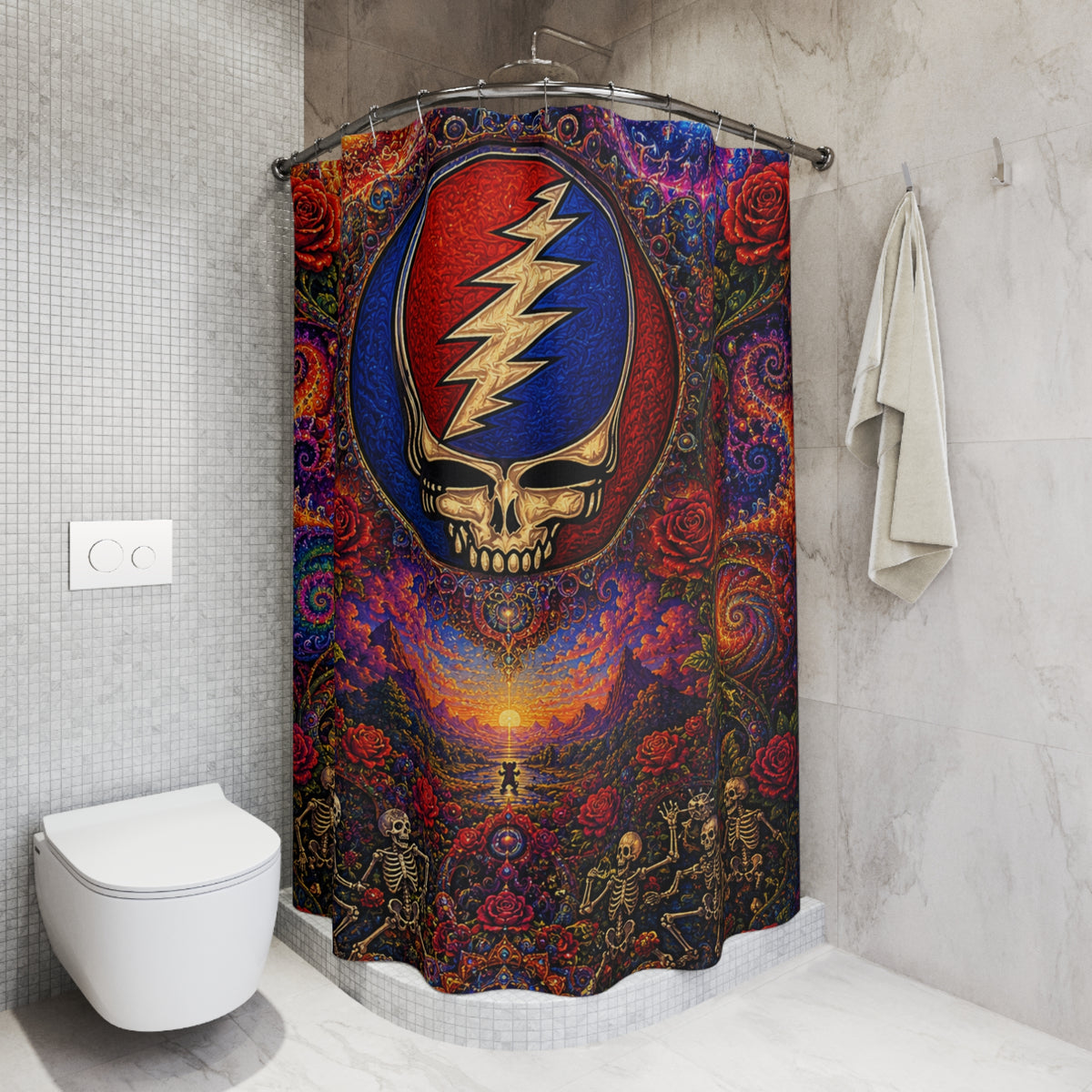 Steal Your Face Skull Lightning Shower Curtain | Psychedelic Grateful Dead Bath Decor