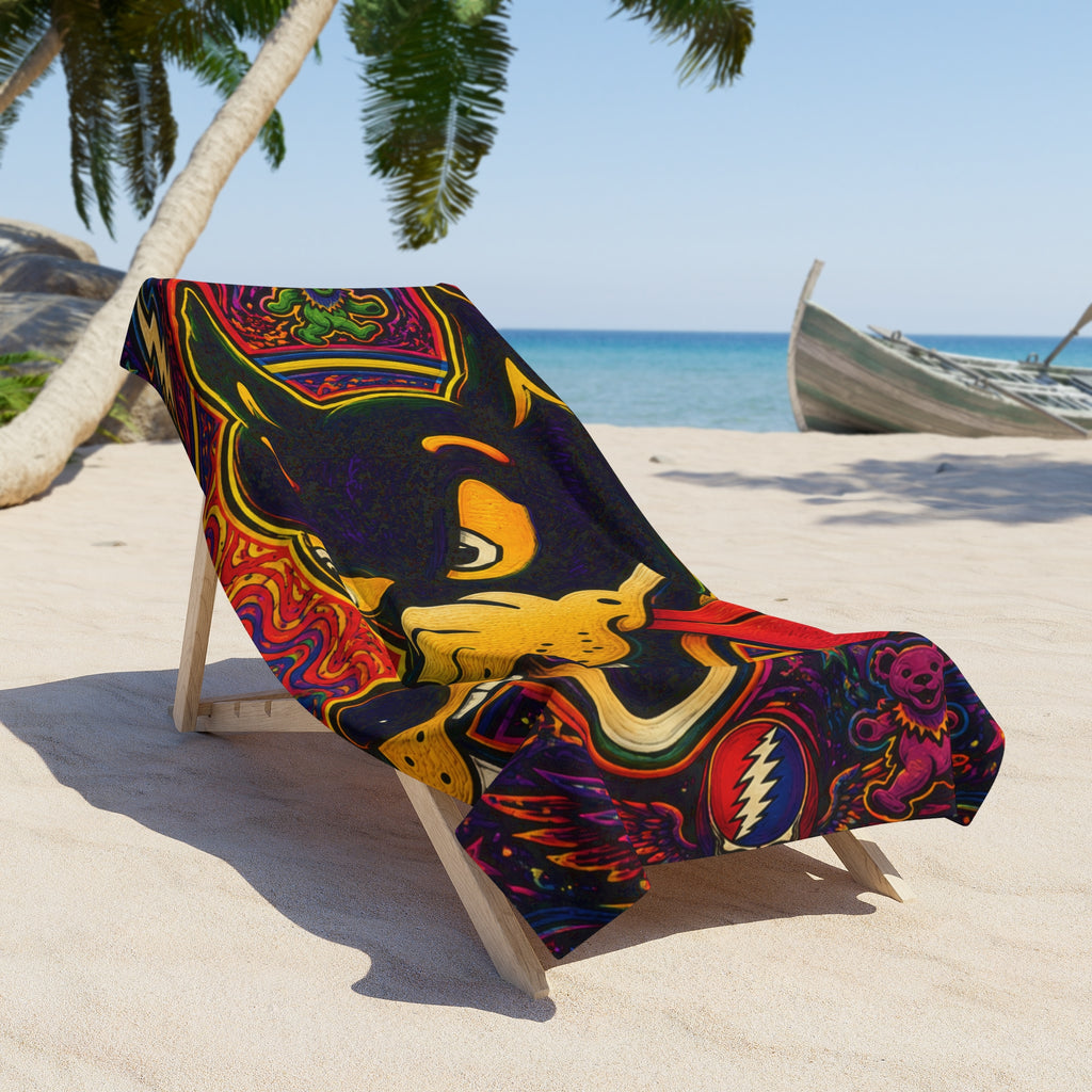 Psychedelic Dire wolf Grateful Dead  Beach Towel | Vibrant Trippy Dog Art, gift for deadhead