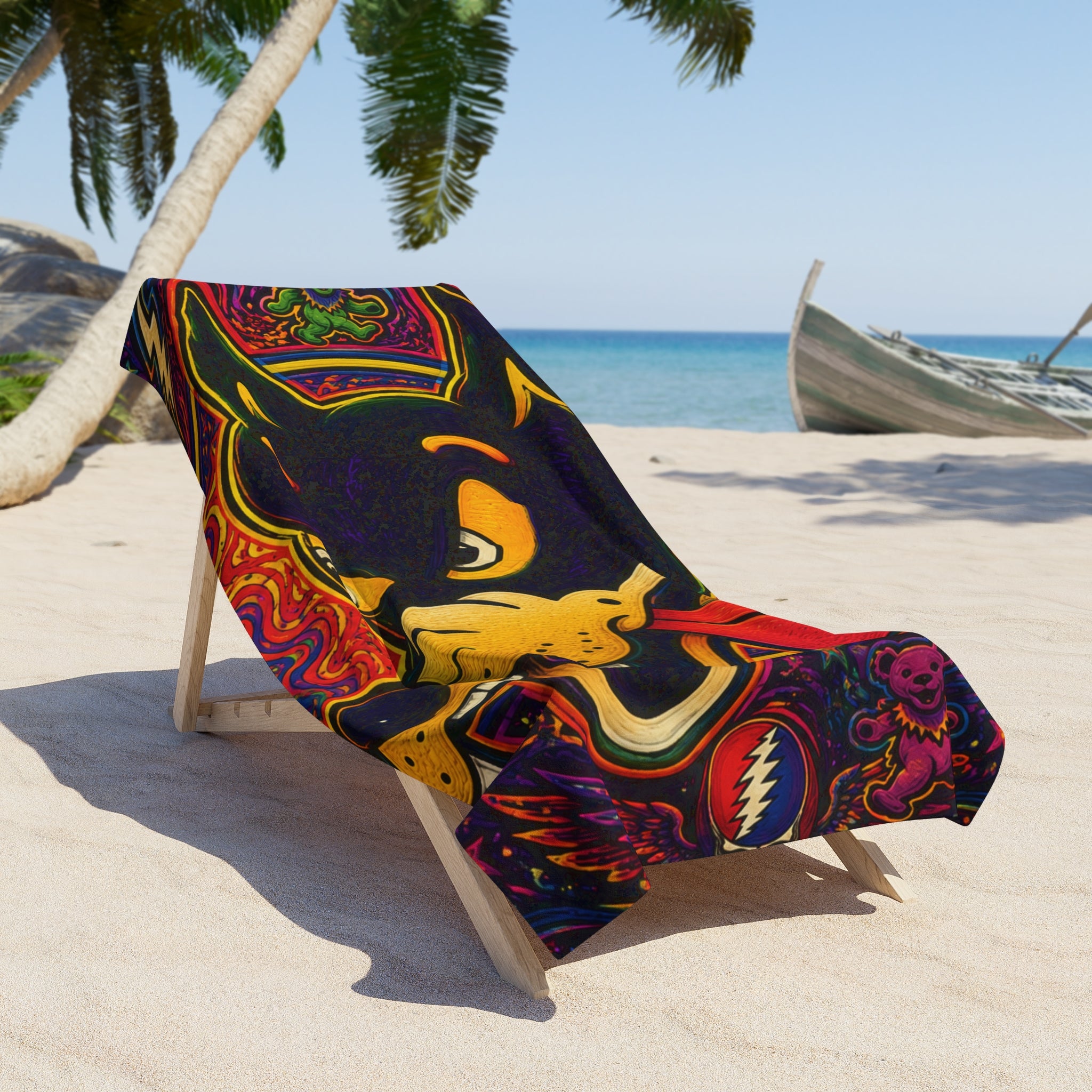Psychedelic Dire wolf Grateful Dead  Beach Towel | Vibrant Trippy Dog Art, gift for deadhead