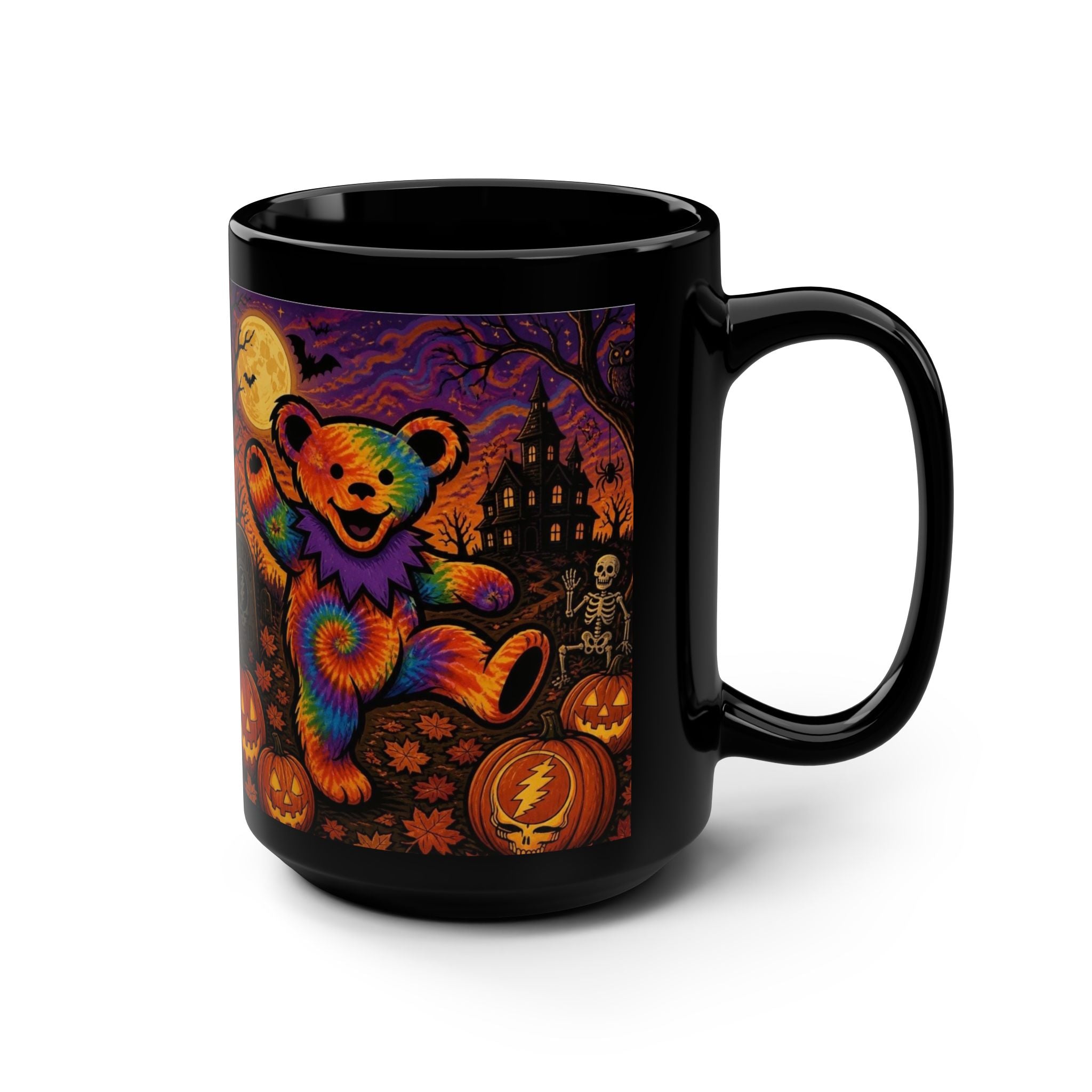 Tie-Dye Dancing Bear Halloween Mug | Spooky Pumpkin Graveyard, gift for deadhead